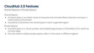CloudHub 2.0 Features
Shared Spaces vs Private Spaces
Shared Spaces
● A shared space is an elastic cloud of resources that includes Mule instances running in a
multi-tenant environment
● CloudHub 2.0 provides one shared space in each supported region
Private Spaces
● A private space is a virtual, private, and isolated logical space in CloudHub 2.0 in which to
run your apps
● You can create multiple private spaces, either in the same or diﬀerent regions
 