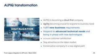 ALPIQ transformation
● ALPIQ is becoming a cloud ﬁrst company
● Agility becoming crucial to respond to business need
● Fulfill new business requirements
● Respond to advanced technical needs and
being in phase with new technologies
● Increase customer satisfaction
● Stay attractive on the labor market
● Conservative company in a new digital path
From Legacy Integration to API-Led | March 2023 29
 