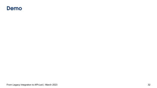 Demo
From Legacy Integration to API-Led | March 2023 32
 