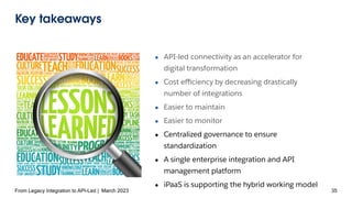 Key takeaways
● API-led connectivity as an accelerator for
digital transformation
● Cost eﬃciency by decreasing drastically
number of integrations
● Easier to maintain
● Easier to monitor
● Centralized governance to ensure
standardization
● A single enterprise integration and API
management platform
● iPaaS is supporting the hybrid working model
From Legacy Integration to API-Led | March 2023 35
 