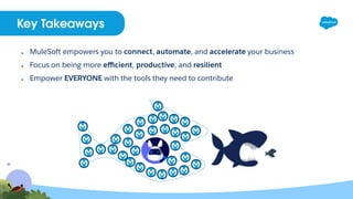 Key Takeaways
● MuleSoft empowers you to connect, automate, and accelerate your business
● Focus on being more eﬃcient, productive, and resilient
● Empower EVERYONE with the tools they need to contribute
 