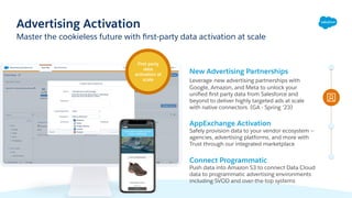 Master the cookieless future with ﬁrst-party data activation at scale
Advertising Activation
New Advertising Partnerships
Leverage new advertising partnerships with
Google, Amazon, and Meta to unlock your
uniﬁed ﬁrst party data from Salesforce and
beyond to deliver highly targeted ads at scale
with native connectors. (GA - Spring ‘23)
AppExchange Activation
Safely provision data to your vendor ecosystem --
agencies, advertising platforms, and more with
Trust through our integrated marketplace
Connect Programmatic
Push data into Amazon S3 to connect Data Cloud
data to programmatic advertising environments
including SVOD and over-the-top systems
First party
data
activation at
scale
 