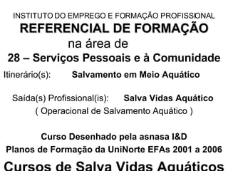 INSTITUTO DO EMPREGO E FORMAÇÃO PROFISSIONAL REFERENCIAL DE FORMAÇÃO na área de  28 – Serviços Pessoais e à Comunidade Itinerário(s):  Salvamento em Meio Aquático  Saída(s) Profissional(is):  Salva Vidas Aquático   ( Operacional de Salvamento Aquático ) Curso Desenhado pela asnasa I&D Planos de Formação da UniNorte EFAs 2001 a 2006 Cursos de Salva Vidas Aquáticos 