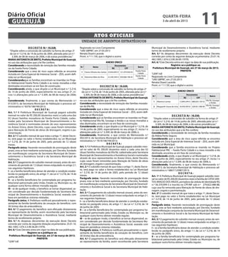 Diário Oficial
 GUARUJÁ
                                                                                                                                                                 quarta-feira
                                                                                                                                                                 3 de abril de 2013
                                                                                                                                                                                                            11
                                                                                       Atos oficiais
                                                                       unidade de assuntos estratégicos
                      D E C R E T O N.º 10.328.                       Registrado no Livro Competente                                                 Municipal de Desenvolvimento e Assistência Social, mediante
  “Dispõe sobre a concessão de subsídio na forma do artigo 2º         “UAE GBPRE”, em 27.03.2013                                                     termo de recebimento próprio.
   da Lei n.º 3.218, de 14 de junho de 2005, alterada pela Lei n.º    Renata Disaró Lacerda                                                          Art. 5.º As despesas decorrentes da execução deste Decreto
     3.309, de 08 de março de 2006, e dá outras providências.”        Pront. n.º 11.130, que o digitei e assino                                      correrão por conta da seguinte dotação orçamentária: 25.01.16.
MARIA ANTONIETA DE BRITO, Prefeita Municipal de Guarujá,                                                                                             482.1005.1.074.3.3.90.36.00 (1979).
no uso das atribuições que a lei lhe confere;                                                         ANEXO ÚNICO                                    Art. 6.º Este Decreto entra em vigor na data de sua publicação.
Considerando a necessidade de remoção das famílias morado-                                                      Documentos                                              Registre-se e publique-se.
                                                                      N.º            Nome                                               Bairro
ras da Favela Porto Cidade;                                                                                RG            CPF                          Prefeitura Municipal de Guarujá, em 27 de março de 2013.
Considerando que a área de risco supra referida se encontra            1    Clarice Oliveira dos Santos 23.834.695-X 121.479.458-03
                                                                                                                                      Favela Porto                               PREFEITA
                                                                                                                                        Cidade       “LEIN”/rdl
incluída em Zona Especial de Interesse Social – ZEIS, assim defi-
                                                                                                                                      Favela Porto   Registrado no Livro Competente
nida na Lei Municipal;                                                 2    Dalvanise Melo da Silva    22.549.349-4 030.068.198-45
                                                                                                                                        Cidade
Considerandoque as famílias encontram-se inseridas no Proje-                                                                                         “UAE GBPRE”, em 27.03.2013
to Habitacional Favela Porto Cidade e as novas moradias a elas                                                                                       Renata Disaró Lacerda
destinadas encontram-se em fase de construção;                                             D E C R E T O N.º 10.329.                                 Pront. n.º 11.130, que o digitei e assino
Considerando ainda, o que dispõe a Lei Municipal n.º 3.218,             “Dispõe sobre a concessão de subsídio na forma do artigo 2º
de 14 de junho de 2005, especialmente no seu artigo 2º, in-             da Lei n.º 3.218, de 14 de junho de 2005, alterada pela Lei n.º                                          ANEXO ÚNICO
ciso I e alterações pela Lei n.º 3.309, de 08 de março de 2006;            3.309, de 08 de março de 2006, e dá outras providências.”                 N.º           Nome
                                                                                                                                                                                             Documentos
                                                                                                                                                                                                                    Bairro
e,                                                                    MARIA ANTONIETA DE BRITO, Prefeita Municipal de Guarujá,                                                          RG            CPF
Considerando, finalmente, o que consta do Memorando n.º               no uso das atribuições que a lei lhe confere;                                   1    Altamiro Correia        12.844.244-X 088.025.139-53
                                                                                                                                                                                                               Vila Rã, Sossego
013/2013, da Secretaria Municipal de Habitação e processo ad-         Considerando a necessidade de remoção das famílias morado-                                                                                    e Areião
                                                                                                                                                                                                               Vila Rã, Sossego
ministrativo n.º 8376/186749/2013;                                    ras da Vila Rã;                                                                 2    Margareth Souza de Lima 34.450.393-8 328.921.598-90
                                                                                                                                                                                                                   e Areião
                            DECRETA:                                  Considerando que a área de risco supra referida se encontra
Art. 1.º A Prefeitura Municipal de Guarujá pagará subsídio            incluída em Zona Especial de Interesse Social – ZEIS, assim defi-
mensal no valor de R$ 200,00 (duzentos reais) a cada uma das          nida na Lei Municipal;                                                                              D E C R E T O N.º 10.330.
02 (duas) famílias moradoras da Favela Porto Cidade, cadas-           Considerando que as famílias encontram-se inseridas no Proje-                    “Dispõe sobre a concessão de subsídio na forma do artigo 2º
tradas pela Secretaria Municipal de Desenvolvimento e As-             to Habitacional Vila Rã, Sossego e Areião e as novas moradias a                  da Lei n.º 3.218, de 14 de junho de 2005, alterada pela Lei n.º
sistência Social e nominadas através de seus representantes           elas destinadas, encontram-se em fase de construção;                                3.309, de 08 de março de 2006, e dá outras providências.”
no Anexo Único, deste Decreto, cujas casas foram removidas            Considerando ainda, o que dispõe a Lei Municipal n.º 3.218, de                 MARIA ANTONIETA DE BRITO, Prefeita Municipal de Guarujá,
para liberação de frente de obras de drenagem, esgoto e pa-           14 de junho de 2005, especialmente no seu artigo 2º, inciso I e                no uso das atribuições que a lei lhe confere;
vimentação.                                                           alterações pela Lei n.º 3.309, de 08 de março de 2006; e,                      Considerando a necessidade de remoção da família moradora
Art. 2.º O subsídio mensal de que trata o artigo 1º, deste Decre-     Considerando, finalmente, o que consta do Memorando n.º                        da Aldeia Porto Seguro;
to, será pago no valor e forma estabelecidos na Lei Municipal         002/2013, da Secretaria Municipal de Habitação e processo ad-                  Considerando que a área de risco supra referida se encontra
n.º 3.218, de 14 de junho de 2005, pelo período de 12 (doze)          ministrativo n.º 7619/186749/2013;                                             incluída em Zona Especial de Interesse Social – ZEIS, assim defi-
meses.                                                                                            DECRETA:                                           nida na Lei Municipal;
Parágrafo único. Havendo necessidade de prorrogação deste             Art. 1.º A Prefeitura Municipal de Guarujá pagará subsídio men-                Considerando que a família encontra-se inserida no Projeto
prazo, esta se fará mediante autorização, por Decreto, fundado        sal no valor de R$ 200,00 (duzentos reais) a cada uma das 02                   Habitacional PAC – Favela Porto Cidade e a nova moradia a ela
em manifestação conjunta da Secretaria Municipal de Desen-            (duas) famílias moradoras da Vila Rã, cadastradas pela Secretaria              destinada, encontra-se em fase de construção;
volvimento e Assistência Social e da Secretaria Municipal de          Municipal de Desenvolvimento e Assistência Social e nominadas                  Considerando ainda, o que dispõe a Lei Municipal n.º 3.218, de
Habitação.                                                            através de seus representantes no Anexo Único, deste Decreto,                  14 de junho de 2005, especialmente no seu artigo 2º, inciso I e
                                                                      cujas casas foram removidas para liberação de frente de obras                  alterações pela Lei n.º 3.309, de 08 de março de 2006; e,
Art. 3.º O pagamento do subsídio mensal cessará, antes do ven-
                                                                      de drenagem, esgoto e pavimentação.                                            Considerando, finalmente, o que consta do Memorando n.º
cimento do período de 12 (doze) meses estipulado no artigo 2.º,
                                                                      Art. 2.º O subsídio mensal de que trata o artigo 1º, deste Decre-              055/2013, da Secretaria Municipal de Habitação e processo ad-
nas seguintes hipóteses:
                                                                      to, será pago no valor e forma estabelecidos na Lei Municipal                  ministrativo n.º 6867/125987/2013;
I - se a família beneficiária deixar de atender a condição estabe-
                                                                      n.º 3.218, de 14 de junho de 2005, pelo período de 12 (doze)                                               DECRETA:
lecida no parágrafo único, do artigo 1º, da Lei n.º 3.218, de 14 de
                                                                      meses.                                                                         Art. 1º A Prefeitura Municipal de Guarujá pagará subsídio men-
junho de 2005;                                                        Parágrafo único. Havendo necessidade de prorrogação deste
II - se a família beneficiária for contemplada por programa ha-                                                                                      sal no valor de R$ 200,00 (duzentos reais) à família de CATIA SAN-
                                                                      prazo, esta se fará mediante autorização, por Decreto, fundado                 TOS ARAÚJO DOS ANJOS, portadora da cédula de identidade RG
bitacional patrocinado pela União, Estado ou Município ou, de         em manifestação conjunta da Secretaria Municipal de Desenvol-
qualquer outra forma obtiver moradia regular;                                                                                                        n.º 56.370.099-3 e inscrita no CPF/MF sob n.º 279.822.488-88,
                                                                      vimento e Assistência Social e da Secretaria Municipal de Habi-                cuja casa foi removida para liberação de frente de obras de dre-
III - se de qualquer modo, o benefício se tornar dispensável, as-     tação.
sim considerado por decisão fundamentada da Secretaria Mu-                                                                                           nagem, esgoto e pavimentação.
                                                                      Art. 3.º O pagamento do subsídio mensal cessará, antes do ven-                 Art. 2º O subsídio mensal de que trata o artigo 1º, deste Decre-
nicipal de Desenvolvimento e Assistência Social, exarada com          cimento do período de 12 (doze) meses estipulado no artigo 2.º,
base em periódicas vistorias relatadas.                                                                                                              to, será pago no valor e forma estabelecidos na Lei Municipal
                                                                      nas seguintes hipóteses:                                                       n.º 3.218, de 14 de junho de 2005, pelo período de 12 (doze)
Parágrafo único. A Prefeitura notificará pessoalmente o repre-        I – se a família beneficiária deixar de atender a condição estabe-             meses.
sentante da família beneficiária da cessação do benefício, com        lecida no parágrafo único, do artigo 1.º, da Lei n.º 3.218, de 14              Parágrafo único. Havendo necessidade de prorrogação deste
30 (trinta) dias de antecedência.                                     de junho de 2005;                                                              prazo, esta se fará mediante autorização, por Decreto, fundado
Art. 4.º O pagamento do benefício será efetuado diretamente           II – se a família beneficiária for contemplada por programa ha-                em manifestação conjunta da Secretaria Municipal de Desenvol-
ao representante da família, assim reconhecido pela Secretaria        bitacional patrocinado pela União, Estado ou Município ou, de                  vimento e Assistência Social e da Secretaria Municipal de Habi-
Municipal de Desenvolvimento e Assistência Social, mediante           qualquer outra forma obtiver moradia regular;                                  tação.
termo de recebimento próprio.                                         III – se de qualquer modo, o benefício se tornar dispensável, as-              Art. 3.º O pagamento do subsídio mensal cessará, antes do ven-
Art. 5.º As despesas decorrentes da execução deste Decreto            sim considerado por decisão fundamentada da Secretaria Mu-                     cimento do período de 12 (doze) meses estipulado no artigo 2.º,
correrão por conta da seguinte dotação orçamentária: 25.01.16.        nicipal de Desenvolvimento e Assistência Social, exarada com                   nas seguintes hipóteses:
482.1005.1.074.3.3.90.36.00 (1979).                                   base em periódicas vistorias relatadas.                                        I – se a família beneficiária deixar de atender a condição estabe-
Art. 6.º Este Decreto entra em vigor na data de sua publicação.       Parágrafo único. A Prefeitura notificará pessoalmente o repre-                 lecida no parágrafo único, do artigo 1.º, da Lei n.º 3.218, de 14
                     Registre-se e publique-se.                       sentante da família beneficiária da cessação do benefício, com                 de junho de 2005;
 Prefeitura Municipal de Guarujá, em 27 de março de 2013.             30 (trinta) dias de antecedência.                                              II – se a família beneficiária for contemplada por programa ha-
                              PREFEITA                                Art. 4.º O pagamento do benefício será efetuado diretamente                    bitacional patrocinado pela União, Estado ou Município ou, de
“LEIN”/rdl                                                            ao representante da família, assim reconhecido pela Secretaria                 qualquer outra forma obtiver moradia regular;
 