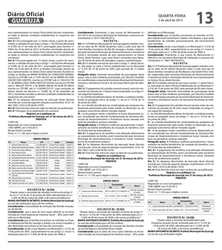 Diário Oficial
 GUARUJÁ
                                                                                                                                                                                  quarta-feira
                                                                                                                                                                                  3 de abril de 2013
                                                                                                                                                                                                                             13
seus representantes no Anexo Único deste Decreto, mantendo-                              Considerando, finalmente, o que consta do Memorando n.º                      definida na Lei Municipal;
se todas as demais condições estabelecidas no respectivo ato                             021/2013, da Secretaria Municipal de Habitação e processo ad-                Considerando que as famílias encontram-se inseridas no Pro-
concessivo.                                                                              ministrativo n.º 9377/186749/2013;                                           jeto Habitacional Favela Porto Cidade e Vila Baiana, e que serão
Art. 5.º Fica prorrogado por 12 (doze) meses, a partir do venci-                                                     DECRETA:                                         beneficiárias do subsídio, provisoriamente, até reconstruírem
mento, o subsídio de que trata o artigo 1.º do Decreto Municipal                         Art. 1.º A Prefeitura Municipal de Guarujá pagará subsídio men-              suas moradias;
nº 9.399, de 27 de maio de 2011, prorrogado pelo Decreto n.º                             sal no valor de R$ 200,00 (duzentos reais) a cada uma das 03                 Considerando, ainda, o que dispõe a Lei Municipal n.º 3.218, de
9.854, de 19 de abril de 2012, às famílias nominadas através de                          (três) famílias moradoras da Vila Rã, Sossego e Areião, cadastra-            14 de junho de 2005 , especialmente no seu artigo 2.º, inciso I e
seus representantes no Anexo Único deste Decreto, mantendo-                              das pela Secretaria Municipal de Desenvolvimento e Assistência               alterações pela Lei n.º 3.309, de 08 de março de 2006; e,
se todas as demais condições estabelecidas no respectivo ato                             Social e nominadas através de seus representantes no Anexo                   Considerando, finalmente, o que consta do Memorando n.º
concessivo.                                                                              Único, deste Decreto, cujas casas foram removidas para libera-               008/2013, da Secretaria Municipal de Habitação e processo ad-
Art. 6.º Fica prorrogado por 12 (doze) meses, a partir do venci-                         ção de frente de obras de drenagem, esgoto e pavimentação.                   ministrativo n.º 7987/186749/2013;
mento, o subsídio de que trata o artigo 1.º do Decreto Municipal                         Art. 2.º O subsídio mensal de que trata o artigo 1º, deste Decre-                                        DECRETA:
nº 9.386, de 23 de maio de 2011, prorrogado pelo Decreto n.º                             to, será pago no valor e forma estabelecidos na Lei Municipal                Art. 1.º A Prefeitura Municipal de Guarujá pagará subsídio men-
9.855, de 19 de abril de 2012, às famílias nominadas através de                          n.º 3.218, de 14 de junho de 2005, pelo período de 12 (doze)                 sal no valor de R$ 200,00 (duzentos reais) a cada uma das 02
seus representantes no Anexo Único deste Decreto, ficando ex-                            meses.                                                                       (duas) famílias moradoras da Vila Baiana e da Favela Porto Cida-
cluídas as famílias de MARIA AFONSA DA CONCEIÇÃO MORAIS,                                 Parágrafo único. Havendo necessidade de prorrogação deste                    de, cadastradas pela Secretaria Municipal de Desenvolvimento
inscrita no CPF/MF sob n.º 018.156.743-18, de MARIA DA CON-                              prazo, esta se fará mediante autorização, por Decreto, fundado               e Assistência Social e nominadas através de seus representantes
CEIÇÃO DIAS SANTOS, inscrita no CPF/MF sob n.º 025.610.178-                              em manifestação conjunta da Secretaria Municipal de Desenvol-                no Anexo Único, deste Decreto.
77, de MARIA LUÍZA CAVALCANTE DE SOUZA, inscrita no CPF/MF                               vimento e Assistência Social e da Secretaria Municipal de Habi-              Art. 2.º O subsídio mensal de que trata o artigo 1.º, deste Decre-
sob n.º 894.297.704-97, e de MARIA NALVA DA SILVA DE MELO,                               tação.                                                                       to, será pago no valor e forma estabelecidos na Lei Municipal n.º
inscrita no CPF/MF sob n.º 018.989.523-37, cujas exclusões se                            Art. 3.º O pagamento do subsídio mensal cessará, antes do ven-               3.218, de 14 de junho de 2005, pelo período de 06 (seis) meses.
deram através do Decreto n.º 10.080, de 22 de novembro de                                cimento do período de 12 (doze) meses estipulado no artigo 2.º,              Parágrafo único. Havendo necessidade de prorrogação deste
2012, mantendo-se todas as demais condições estabelecidas no                             nas seguintes hipóteses:                                                     prazo, esta se fará mediante autorização, por Decreto, fundado
respectivo ato concessivo.                                                               I – se a família beneficiária deixar de atender a condição estabe-           em manifestação conjunta da Secretaria Municipal de Desenvol-
Art. 7.º As despesas decorrentes da execução deste Decreto                               lecida no parágrafo único, do artigo 1.º, da Lei n.º 3.218, de 14            vimento e Assistência Social e da Secretaria Municipal de Habi-
correrão por conta da seguinte dotação orçamentária: 25.01.16.                           de junho de 2005;                                                            tação.
482.1005.1.074.3.3.90.36.00 (1979).                                                      II – se a família beneficiária for contemplada por programa ha-              Art. 3.º O pagamento do subsídio mensal cessará, antes do ven-
Art. 8.º Este Decreto entra em vigor na data de sua publicação.                          bitacional patrocinado pela União, Estado ou Município ou, de                cimento do período de 06 (seis) meses estipulado no artigo 2º,
Art. 9.º Revogam-se as disposições em contrário.                                         qualquer outra forma obtiver moradia regular;                                nas seguintes hipóteses:
                   Registre-se e publique-se.                                            III – se de qualquer modo, o benefício se tornar dispensável, as-            I – se a família beneficiária deixar de atender a condição estabe-
 Prefeitura Municipal de Guarujá, em 27 de março de 2013.                                sim considerado por decisão fundamentada da Secretaria Mu-                   lecida no parágrafo único, do artigo 1.º, da Lei n.º 3.218, de 14
                            PREFEITA                                                     nicipal de Desenvolvimento e Assistência Social, exarada com                 de junho de 2005;
“LEIN”/rdl                                                                               base em periódicas vistorias relatadas.                                      II – se a família beneficiária for contemplada por programa ha-
Registrado no Livro Competente                                                           Parágrafo único. A Prefeitura notificará pessoalmente o repre-               bitacional patrocinado pela União, Estado ou Município ou, de
“UAE GBPRE”, em 27.03.2013                                                               sentante da família beneficiária da cessação do benefício, com               qualquer outra forma obtiver moradia regular;
Renata Disaró Lacerda                                                                    30 (trinta) dias de antecedência.                                            III – se de qualquer modo, o benefício se tornar dispensável, as-
Pront. n.º 11.130, que o digitei e assino                                                Art. 4.º O pagamento do benefício será efetuado diretamente                  sim considerado por decisão fundamentada da Secretaria Mu-
                                                                                         ao representante da família, assim reconhecido pela Secretaria               nicipal de Desenvolvimento e Assistência Social, exarada com
                                 ANEXO ÚNICO                                             Municipal de Desenvolvimento e Assistência Social, mediante                  base em periódicas vistorias relatadas.
Nº                Nome                     CPF                 Local          Decreto    termo de recebimento próprio.                                                Parágrafo único. A Prefeitura notificará pessoalmente o repre-
 1   Adriana Mara da Silva            133.589.308-31   Favela Porto Cidade    9.829/12   Art. 5.º As despesas decorrentes da execução deste Decreto                   sentante da família beneficiária da cessação do benefício, com
 2   Maria Helena Rocha dos Santos    708.617.905-10   Favela Porto Cidade    9.829/12   correrão por conta da seguinte dotação orçamentária: 25.01.16.               30 (trinta) dias de antecedência.
 3   Cíntia dos Santos Oliveira       366.345.948-99   Sítio Conceiçãozinha   9.830/12   482.1005.1.074.3.3.90.36.00 (1979).                                          Art. 4.º O pagamento do benefício será efetuado diretamente
 4   Ana Paula da Silva               323.099.148-42   Favela Porto Cidade    9.852/12   Art. 6.º Este Decreto entra em vigor na data de sua publicação.              ao representante da família, assim reconhecido pela Secretaria
 5   Maria Helena Vieria Barros       299.105.708-40   Favela Porto Cidade    9.852/12                       Registre-se e publique-se.                               Municipal de Desenvolvimento e Assistência Social, mediante
 6   Silvia Maria Moraes dos Santos   162.461.048-00   Favela Porto Cidade    9.852/12    Prefeitura Municipal de Guarujá, em 27 de março de 2013.                    termo de recebimento próprio.
7    Ivonilda Furtado Leite           019.523.624-66           Areião         9.853/12
                                                                                                                       PREFEITA                                       Art. 5.º As despesas decorrentes da execução deste Decreto
8    Josineide Matias                 108.495.478-81           Areião         9.853/12
9    Maria do Socorro de Lima         232.803.658-99           Areião         9.853/12
                                                                                         “LEIN”/rdl                                                                   correrão por conta da seguinte dotação orçamentária: 25.01.16.
10   Maria Luíza da Silva Tavares     805.706.073-53           Areião         9.853/12
                                                                                         Registrado no Livro Competente                                               482.1005.1.074.3.3.90.36.00 (1979).
11   Claudineia Sorrentino Broget     158.934.718-81   Favela Porto Cidade    9.854/12   “UAE GBPRE”, em 27.03.2013                                                   Art. 6.º Este Decreto entra em vigor na data de sua publicação.
     Karina Aparecida de Almeida                                                         Renata Disaró Lacerda                                                                            Registre-se e publique-se.
12                                    409.280.998-06 Favela Porto Cidade 9.854/12
     Durvalo                                                                             Pront. n.º 11.130, que o digitei e assino                                     Prefeitura Municipal de Guarujá, em 27 de março de 2013.
13   Silvana Ágio Costa Rocha         321.342.028-07 Favela Porto Cidade 9.854/12                                                                                                                   PREFEITA
14   Elza Bezerra Trigo               133.570.628-36 Favela Porto Cidade 9.855/12                                        ANEXO ÚNICO                                  “LEIN”/rdl
15   Jadielma Simões dos Santos       315.248.578-66 Favela Porto Cidade 9.855/12                                                                                     Registrado no Livro Competente
                                                                                                                                   Documentos
                                                                                         N.º           Nome                                             Bairro        “UAE GBPRE”, em 27.03.2013
                                                                                                                              RG            CPF
                     D E C R E T O N.º 10.334.                                                                                                     Vila Rã, Sossego   Renata Disaró Lacerda
                                                                                          1 Juliana de Oliveira Araújo    49.315.364-0 415.390.918-13
  “Dispõe sobre a concessão de subsídio na forma do artigo 2º                                                                                           e Areião      Pront. n.º 11.130, que o digitei e assino
  da Lei n.º 3.218, de 14 de junho de 2005, alterada pela Lei n.º                         2 Marília Rosa Ferreira      20.131.844-1 070.143.448-11
                                                                                                                                                   Vila Rã, Sossego
    3.309, de 08 de março de 2006, e dá outras providências.”                                                                                           e Areião                                   ANEXO ÚNICO
                                                                                                                                                   Vila Rã, Sossego
MARIA ANTONIETA DE BRITO, Prefeita Municipal de Guarujá,                                  3 Michele Aparecida da Silva 40.973.731-8 340.889.318-74
                                                                                                                                                        e Areião                                            Documentos
                                                                                                                                                                      N.º           Nome                                             Bairro
no uso das atribuições que a lei lhe confere;                                                                                                                                                            RG           CPF
Considerando a necessidade de remoção das famílias morado-                                                                                                             1    Juarez Germano da Silva 26.364.670-1 553.627.379-53     Vila Baiana
ras da Vila Rã;                                                                                               D E C R E T O N.º 10.335.                                2    Paulo Alexandre da Silva 29.865.156-7 301.327.618-58
                                                                                                                                                                                                                                   Favela Porto
                                                                                                                                                                                                                                      Cidade
Considerando que a área de risco supra referida se encontra                                “Dispõe sobre a concessão de subsídio na forma do artigo 2º
incluída em Zona Especial de Interesse Social – ZEIS, assim defi-                          da Lei n.º 3.218, de 14 de junho de 2005, alterada pela Lei n.º
nida na Lei Municipal;                                                                       3.309, de 08 de março de 2006, e dá outras providências.”                                   D E C R E T O N.º 10.336.
Considerando que as famílias encontram-se inseridas no Proje-                            MARIA ANTONIETA DE BRITO, Prefeita Municipal de Guarujá,                             “Dispõe sobre a exclusão de beneficiados pelo
to Habitacional Vila Rã, Sossego e Areião e as novas moradias a                          no uso das atribuições que a lei lhe confere;                                   Programa Locação Social, instituído pela Lei n.º 3.218, de
elas destinadas encontram-se em fase de construção;                                      Considerando a necessidade de remoção das famílias morado-                       14 de junho de 2005, alterada pela Lei n.º 3.309, de 08
Considerando, ainda, o que dispõe a Lei Municipal n.º 3.218, de                          ras da Vila Baiana e da Favela Porto Cidade;                                          de março de 2006, e dá outras providências.”
14 de junho de 2005 , especialmente no seu artigo 2.º, inciso I e                        Considerando que as áreas de risco supra referidas se encon-                 MARIA ANTONIETA DE BRITO, Prefeita Municipal de Guarujá,
alterações pela Lei n.º 3.309, de 08 de março de 2006; e,                                tram incluída em Zona Especial de Interesse Social – ZEIS, assim             no uso de suas atribuições legais;
 