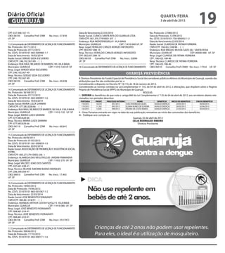 Diário Oficial
 GUARUJÁ
                                                                                                                                            quarta-feira
                                                                                                                                            3 de abril de 2013
                                                                                                                                                                                19
CPF: 637.946.167-15                                         Data de Vencimento:22/03/2014                                          No. Protocolo: 27080/2012
CBO: 06105 Conselho Prof: CRM      No. Inscr.: 57.430       Razão Social: CLÍNICA SANTA RITA DO GUARUJÁ LTDA                       Data de Protocolo: 12/09/2012
UF: SP                                                      CNPJ/CPF: 001.376.779/0001-07( )                                       No. CEVS: 351870101-750-000002-1-3
                                                            Endereço: RUA MONTENEGRO,41 VILA MAIA                                  Data de Vencimento:22/03/2014
13. Comunicado de DEFERIMENTO DE LICENÇA DE FUNCIONAMENTO   Município: GUARUJÁ                  CEP: 11410-040 UF: SP              Razão Social: CLARISSE DE FATIMA FERREIRA
No. Protocolo: 36171/2012                                   Resp. Legal: HERALDO CARLOS BORGES INFORZATO                           CNPJ/CPF: 166.422.148/46 - ( )
Data de Protocolo: 07/12/2012                               CPF: 002.857.588-10                                                    Endereço: RUA MIGUEL MUSSA GAZE,342 SANTA ROSA
No. CEVS: 351870101-863-000988-1-7                          Resp. Técnico: HERALDO CARLOS BORGES INFORZATO                         Município: GUARUJÁ                  CEP: 00000-000 UF: SP
Data de Vencimento: 19/03/2014                              CPF: 002.857.588-10                                                    Resp. Legal: CLARISSE DE FATIMA FERREIRA
Razão Social: SERGIO SEDA ESCUDERO                          CBO: 06105 Conselho Prof: CRM        No. Inscr.: 32896                 CPF: 166.422.148-46
CNPJ/CPF: 246.192.567/49 - ( )                              UF: SP                                                                 Resp. Técnico: CLARISSE DE FATIMA FERREIRA
Endereço: RUA RAUL RICARDO DE BARROS,185 VILA MAIA                                                                                 CPF: 166.422.148-46
Município: GUARUJÁ                  CEP: 11410-120 UF: SP   18. Comunicado de DEFERIMENTO DE LICENÇA DE FUNCIONAMENTO              CBO: 06510 Conselho Prof: CRMV No. Inscr.: 17554 UF: SP
Resp. Legal: SERGIO SEDA ESCUDERO
CPF: 246.192.567-49                                                                                      guarujá previdência
Resp. Técnico: SERGIO SEDA ESCUDERO
CPF: 246.192.567-49                                         A Diretora Presidente do Fundo Especial de Previdência Social dos servidores públicos efetivos do Município de Guarujá, usando das
CBO: 06105 Conselho Prof: CRM        No. Inscr.: 49.438     atribuições que lhe são conferidas por lei, e
UF: SP                                                      Considerando o disposto no Decreto N° 10.173, de 18 de Janeiro de 2013;
                                                            Considerando as normas contidas na Lei Complementar n° 135, de 04 de abril de 2012, e alterações, que dispõem sobre o Regime
14. Comunicado de DEFERIMENTO DE LICENÇA DE FUNCIONAMENTO   Próprio de Previdência Social (RPPS) do Município de Guarujá;
No. Protocolo: 36168/2012                                                                                                RESOLVE:
Data de Protocolo: 07/12/2012                               I – DEFERIR os benefícios de que trata o artigo 860 da Lei Complementar n° 135 de 04 de abril de 2012, aos servidores abaixo rela-
No. CEVS: 351870101-863-000997-1-6                          cionados, nos períodos descritos:
Data de Vencimento: 19/03/2014                               PORTARIA       PRONT.     PROCESSO INTERNO             NOME                 BENEFÍCIO      INÍCIO DO BENEFÍCIO   FIM DO BENEFÍCIO
Razão Social: MARIA LUIZA SANNINI                             118/2013      16.018         091/2013     SUELI RODRIGUES ALVES          AUXILIO DOENÇA        20/03/2013          04/04/2013
CNPJ/CPF: 077.083.828/66 - ( )                                119/2013      11.262         093/2013     ELIANA NUNES DE OLIVEIRA       AUXILIO DOENÇA        20/03/2013          02/06/2013
Endereço: RUA RAUL RICARDO DE BARROS,185 SALA 5 VILA MAIA     120/2013      12.645         096/2013     REGINA DA COSTA RAMOS          AUXILIO DOENÇA        21/03/2013          05/04/2013
Município: GUARUJÁ                  CEP: 11410-120 UF: SP   II – Estas Portarias entrarão em vigor na data de sua publicação, retroativas ao início das concessões dos benefícios.
Resp. Legal: MARIA LUIZA SANNINI                            III – Publique-se e cumpra-se.
CPF: 077.083.828-66                                                                                              Guarujá, 02 de abril de 2013
Resp. Técnico: MARIA LUIZA SANNINI                                                                               CELIA RODRIGUES RIBEIRO
CPF: 077.083.828-66                                                                                                  Diretora Presidente
CBO: 06119 Conselho Prof: CRM        No. Inscr.: 60.641
UF: SP

15. Comunicado de DEFERIMENTO DE LICENÇA DE FUNCIONAMENTO
No. Protocolo: 6678/2013
Data de Protocolo: 01/03/2013
No. CEVS: 351870101-561-000859-1-0
Data de Vencimento: 20/03/2014
Razão Social: ASSOCIAÇÃO DE PROMOÇÃO E ASSISTÊNCIA SOCIAL
ESTREL
CNPJ/CPF: 005.273.791/0002-28( )
Endereço: ALAMEDA DAS VIOLETAS,330 JARDIM PRIMAVERA
Município: GUARUJÁ                  CEP: 11432-270 UF: SP
Resp. Legal: VALDECI JOÃO DOS SANTOS
CPF: 047.661.438-41
Resp. Técnico: REJANE AMORIM BUENO MARQUES
CPF: 298.390.058-47
CBO: 06810 Conselho Prof: CRN        No. Inscr.: 17.463
UF: SP

16. Comunicado de DEFERIMENTO DE LICENÇA DE FUNCIONAMENTO
No. Protocolo: 18583/2012
Data de Protocolo: 19/06/2012
No. CEVS: 351870101-863-001067-1-2
Data de Vencimento: 22/03/2014
Razão Social: JOSÉ BENEDITO FIORAVANTI
CNPJ/CPF: 984.861.018/91 - ( )
Endereço: AVENIDA ARTHUR COSTA FILHO,215 VILA MAIA
Município: GUARUJÁ                  CEP: 11410-080 UF: SP
Resp. Legal: JOSÉ BENEDITO FIORAVANTI
CPF: 984.861.018-91
Resp. Técnico: JOSÉ BENEDITO FIORAVANTI
CPF: 984.861.018-91
CBO: 06158 Conselho Prof: CRM        No. Inscr.: 59.159 D
UF: SP

17. Comunicado de DEFERIMENTO DE LICENÇA DE FUNCIONAMENTO
No. Protocolo: 30636/2012
Data de Protocolo: 17/10/2012
No. CEVS: 351870101-863-000171-1-6
 
