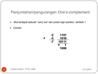 Penjumlahan/pengurangan One’s-complement

      Jika terdapat sebuah “carry out’ dari posisi sign position, tambah 1

      Contoh.




13    Zulfadli Sulthan - PTIK -UNM                                     12/13/2011
 
