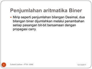 Penjumlahan aritmatika Biner
     Mirip seperti penjumlahan bilangan Desimal, dua
       bilangan biner dijumlahkan melalui penambahan
       setiap pasangan bit-bit bersamaan dengan
       propagasi carry.




5   Zulfadli Sulthan - PTIK -UNM                12/13/2011
 