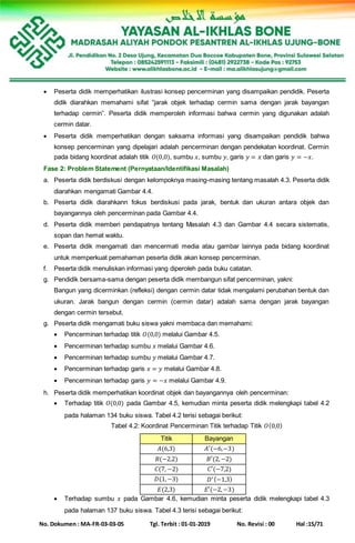 No. Dokumen : MA-FR-03-03-05 Tgl. Terbit : 01-01-2019 No. Revisi : 00 Hal :15/71
 Peserta didik memperhatikan ilustrasi konsep pencerminan yang disampaikan pendidik. Peserta
didik diarahkan memahami sifat “jarak objek terhadap cermin sama dengan jarak bayangan
terhadap cermin”. Peserta didik memperoleh informasi bahwa cermin yang digunakan adalah
cermin datar.
 Peserta didik memperhatikan dengan saksama informasi yang disampaikan pendidik bahwa
konsep pencerminan yang dipelajari adalah pencerminan dengan pendekatan koordinat. Cermin
pada bidang koordinat adalah titik 𝑂(0,0), sumbu 𝑥, sumbu 𝑦, garis 𝑦 = 𝑥 dan garis 𝑦 = −𝑥.
Fase 2: Problem Statement (Pernyataan/Identifikasi Masalah)
a. Peserta didik berdiskusi dengan kelompoknya masing-masing tentang masalah 4.3. Peserta didik
diarahkan mengamati Gambar 4.4.
b. Peserta didik diarahkann fokus berdiskusi pada jarak, bentuk dan ukuran antara objek dan
bayangannya oleh pencerminan pada Gambar 4.4.
d. Peserta didik memberi pendapatnya tentang Masalah 4.3 dan Gambar 4.4 secara sistematis,
sopan dan hemat waktu.
e. Peserta didik mengamati dan mencermati media atau gambar lainnya pada bidang koordinat
untuk memperkuat pemahaman peserta didik akan konsep pencerminan.
f. Peserta didik menuliskan informasi yang diperoleh pada buku catatan.
g. Pendidik bersama-sama dengan peserta didik membangun sifat pencerminan, yakni:
Bangun yang dicerminkan (refleksi) dengan cermin datar tidak mengalami perubahan bentuk dan
ukuran. Jarak bangun dengan cermin (cermin datar) adalah sama dengan jarak bayangan
dengan cermin tersebut.
g. Peserta didik mengamati buku siswa yakni membaca dan memahami:
 Pencerminan terhadap titik 𝑂(0,0) melalui Gambar 4.5.
 Pencerminan terhadap sumbu 𝑥 melalui Gambar 4.6.
 Pencerminan terhadap sumbu 𝑦 melalui Gambar 4.7.
 Pencerminan terhadap garis 𝑥 = 𝑦 melalui Gambar 4.8.
 Pencerminan terhadap garis 𝑦 = −𝑥 melalui Gambar 4.9.
h. Peserta didik memperhatikan koordinat objek dan bayangannya oleh pencerminan:
 Terhadap titik 𝑂(0,0) pada Gambar 4.5, kemudian minta peserta didik melengkapi tabel 4.2
pada halaman 134 buku siswa. Tabel 4.2 terisi sebagai berikut:
Tabel 4.2: Koordinat Pencerminan Titik terhadap Titik 𝑂(0,0)
Titik Bayangan
𝐴(6,3) 𝐴′(−6,−3)
𝐵(−2,2) 𝐵′(2,−2)
𝐶(7, −2) 𝐶′(−7,2)
𝐷(1,−3) 𝐷′(−1,3)
𝐸(2,3) 𝐸′(−2,−3)
 Terhadap sumbu 𝑥 pada Gambar 4.6, kemudian minta peserta didik melengkapi tabel 4.3
pada halaman 137 buku siswa. Tabel 4.3 terisi sebagai berikut:
 