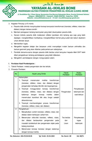 No. Dokumen : MA-FR-03-03-05 Tgl. Terbit : 01-01-2019 No. Revisi : 00 Hal :30/71
3. Kegiatan Penutup (±15 menit):
a. Peserta didik diminta menyimpulkan konsep komposisi transformasi (translasi, refleksi, rotasi dan
dilatasi) dengan bahasa sendiri:
b. Memberi penegasan tentang kesimpulan yang telah disampaikan peserta didik.
c. Secara individu peserta didik melakukan refleksi (penilaian diri) tentang apa saja yang telah
dipelajari, mengidentifikasi manfaatnya, mengidentifikasi hal-hal yang sudah dan belum dipahami
untuk ditindak lanjuti.
d. Memberikan tugas.
e. Mengakhiri kegiatan belajar dan berpesan untuk mempelajari materi barisan aritmetika dan
barisan geometri yang akan dibahas pada pertemuan selanjutnya.
f. Pendidik bersama-sama dengan peserta didik berdoa untuk bersyukur kepada Allah SWT telah
diberi pengetahuan tentang pembelajaran yang telah dilakukan.
g. Mengakhiri pembelajaran dengan mengucapkan salam.
I. Penilaian Hasil Pembelajaran :
1. Teknik Penilaian: melalui pengamatan dan tes tertulis
2. Prosedur Penilaian:
No Aspek yang Dinilai
Teknik
Penilaian
Waktu
Penilaian
1 Ketrampilan:
1. Terampil menemukan matriks transformasi
(translasi, refleksi, rotasi, dan dilatasi) dengan
pengamatan terhadap titik-titik dan bayangannya.
2. Terampil menggunakan konsep transformasi
(translasi, refleksi, rotasi, dan dilatasi) dengan
kaitannya dengan konsep matriks dalam
menemukan koordinat titik atau fungsi setelah
ditransformasi.
3. Terampil membandingkan proses transformasi
(translasi, refleksi, rotasi, dan dilatasi).
Pengamatan
Penyelesaian
kelompok dan
saat diskusi
2 Pengetahuan:
1. Menyebutkan contoh translasi, refleksi, rotasi, dan
dilatasi dalam kehidupan sehari-hari.
2. Menemukan sifat-sifat translasi, refleksi, rotasi,
dan dilatasi berdasarkan pengamatan pada
masalah kontekstual dan pengamatan objek pada
bidang koordinat.
3. Menemukan konsep translasi dengan kaitannya
dengan konsep matriks.
Tes tertulis
dan
Lisan
Penyelesaian
tugas
kelompok
 