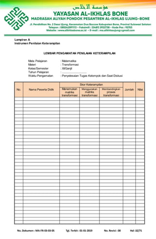No. Dokumen : MA-FR-03-03-05 Tgl. Terbit : 01-01-2019 No. Revisi : 00 Hal :32/71
Lampiran A
Instrumen Penilaian Keterampilan
LEMBAR PENGAMATAN PENILAIAN KETERAMPILAN
Mata Pelajaran : Matematika
Materi : Transformasi
Kelas/Semester : XI/Ganjil
Tahun Pelajaran : ................................
Waktu Pengamatan : Penyelesaian Tugas Kelompok dan Saat Diskusi
No. Nama Peserta Didik
Skor Keterampilan
Jumlah NilaiMenemukan
matriks
transformasi
Menggunakan
matriks
transformasi
Membandingkan
proses
transformasi
 