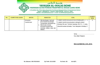 No. Dokumen : MA-FR-03-03-05 Tgl. Terbit : 01-01-2019 No. Revisi : 00 Hal :63/71
NO. KOMPETENSI DASAR MATERI INDIKATOR SOAL
NOMOR
SOAL
Komposisi
Transformasi
 Membandingkan keempat
jenis transformasi dengan
menyebutkan perbedaannya.
 Menemukan konsep
komposisi transformasi
(translasi, refleksi, rotasi, dan
dilatasi).
𝑇 adalah transformasi pencerminan terhadap garis 𝑦 = −𝑥.
𝑈 adalah transformasi perputaran setengah putaran
terhadap titik asal. Tentukan bayangan titik 𝑃(3,−5) yang
ditransformasikan terhadap 𝑇 dan dilanjutkan terhadap 𝑈!
5
Ujung, ....................................................
Guru Mata Pelajaran,
MUH. ALFIANSYAH, S.Pd., M.Pd.
 