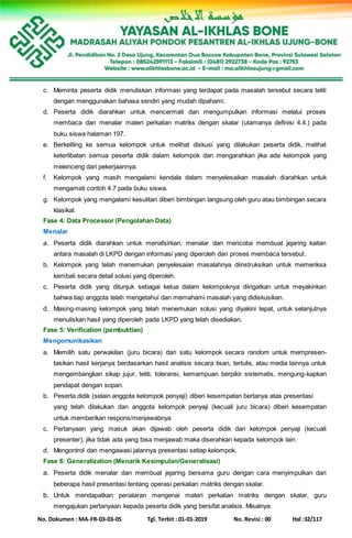 No. Dokumen : MA-FR-03-03-05 Tgl. Terbit : 01-01-2019 No. Revisi : 00 Hal :32/117
c. Meminta peserta didik menuliskan informasi yang terdapat pada masalah tersebut secara teliti
dengan menggunakan bahasa sendiri yang mudah dipahami.
d. Peserta didik diarahkan untuk mencermati dan mengumpulkan informasi melalui proses
membaca dan menalar materi perkalian matriks dengan skalar (utamanya definisi 4.4.) pada
buku siswa halaman 197.
e. Berkeliling ke semua kelompok untuk melihat diskusi yang dilakukan peserta didik, melihat
keterlibatan semua peserta didik dalam kelompok dan mengarahkan jika ada kelompok yang
melenceng dari pekerjaannya.
f. Kelompok yang masih mengalami kendala dalam menyelesaikan masalah diarahkan untuk
mengamati contoh 4.7 pada buku siswa.
g. Kelompok yang mengalami kesulitan diberi bimbingan langsung oleh guru atau bimbingan secara
klasikal.
Fase 4: Data Processor (Pengolahan Data)
Menalar
a. Peserta didik diarahkan untuk menafsirkan, menalar dan mencoba membuat jejaring kaitan
antara masalah di LKPD dengan informasi yang diperoleh dari proses membaca tersebut.
b. Kelompok yang telah menemukan penyelesaian masalahnya diinstruksikan untuk memeriksa
kembali secara detail solusi yang diperoleh.
c. Peserta didik yang ditunjuk sebagai ketua dalam kelompoknya diingatkan untuk meyakinkan
bahwa tiap anggota telah mengetahui dan memahami masalah yang didiskusikan.
d. Masing-masing kelompok yang telah menemukan solusi yang diyakini tepat, untuk selanjutnya
menuliskan hasil yang diperoleh pada LKPD yang telah disediakan.
Fase 5: Verification (pembuktian)
Mengomunikasikan
a. Memilih satu perwakilan (juru bicara) dari satu kelompok secara random untuk mempresen-
tasikan hasil kerjanya berdasarkan hasil analisis secara lisan, tertulis, atau media lainnya untuk
mengembangkan sikap jujur, teliti, toleransi, kemampuan berpikir sistematis, mengung-kapkan
pendapat dengan sopan.
b. Peserta didik (selain anggota kelompok penyaji) diberi kesempatan bertanya atas presentasi
yang telah dilakukan dan anggota kelompok penyaji (kecuali juru bicara) diberi kesempatan
untuk memberikan respons/menjawabnya
c. Pertanyaan yang masuk akan dijawab oleh peserta didik dari kelompok penyaji (kecuali
presenter), jika tidak ada yang bisa menjawab maka diserahkan kepada kelompok lain.
d. Mengontrol dan mengawasi jalannya presentasi setiap kelompok.
Fase 6: Generalization (Menarik Kesimpulan/Generalisasi)
a. Peserta didik menalar dan membuat jejaring bersama guru dengan cara menyimpulkan dari
beberapa hasil presentasi tentang operasi perkalian matriks dengan skalar.
b. Untuk mendapatkan penalaran mengenai materi perkalian matriks dengan skalar, guru
mengajukan pertanyaan kepada peserta didik yang bersifat analisis. Misalnya:
 