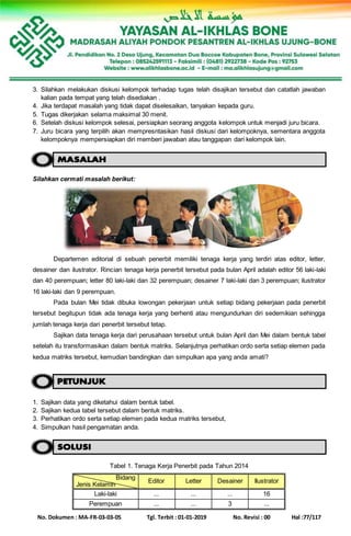 No. Dokumen : MA-FR-03-03-05 Tgl. Terbit : 01-01-2019 No. Revisi : 00 Hal :77/117
3. Silahkan melakukan diskusi kelompok terhadap tugas telah disajikan tersebut dan catatlah jawaban
kalian pada tempat yang telah disediakan .
4. Jika terdapat masalah yang tidak dapat diselesaikan, tanyakan kepada guru.
5. Tugas dikerjakan selama maksimal 30 menit.
6. Setelah diskusi kelompok selesai, persiapkan seorang anggota kelompok untuk menjadi juru bicara.
7. Juru bicara yang terpilih akan mempresntasikan hasil diskusi dari kelompoknya, sementara anggota
kelompoknya mempersiapkan diri memberi jawaban atau tanggapan dari kelompok lain.
Silahkan cermati masalah berikut:
Departemen editorial di sebuah penerbit memiliki tenaga kerja yang terdiri atas editor, letter,
desainer dan ilustrator. Rincian tenaga kerja penerbit tersebut pada bulan April adalah editor 56 laki-laki
dan 40 perempuan; letter 80 laki-laki dan 32 perempuan; desainer 7 laki-laki dan 3 perempuan; ilustrator
16 laki-laki dan 9 perempuan.
Pada bulan Mei tidak dibuka lowongan pekerjaan untuk setiap bidang pekerjaan pada penerbit
tersebut begitupun tidak ada tenaga kerja yang berhenti atau mengundurkan diri sedemikian sehingga
jumlah tenaga kerja dari penerbit tersebut tetap.
Sajikan data tenaga kerja dari perusahaan tersebut untuk bulan April dan Mei dalam bentuk tabel
setelah itu transformasikan dalam bentuk matriks. Selanjutnya perhatikan ordo serta setiap elemen pada
kedua matriks tersebut, kemudian bandingkan dan simpulkan apa yang anda amati?
1. Sajikan data yang diketahui dalam bentuk tabel.
2. Sajikan kedua tabel tersebut dalam bentuk matriks.
3. Perhatikan ordo serta setiap elemen pada kedua matriks tersebut,
4. Simpulkan hasil pengamatan anda.
Tabel 1. Tenaga Kerja Penerbit pada Tahun 2014
Bidang
Jenis Kelamin
Editor Letter Desainer Ilustrator
Laki-laki ... ... ... 16
Perempuan ... ... 3 ...
 