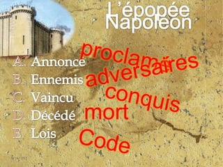 AnnoncéEnnemisVaincuDécédéLois4/30/20117L’épopée NapoléonproclaméadversairesconquismortCode