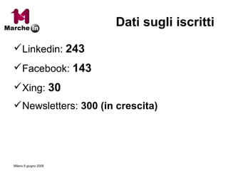 Dati sugli iscritti Linkedin:  243 Facebook:  143 Xing:  30 Newsletters:  300 (in crescita) 