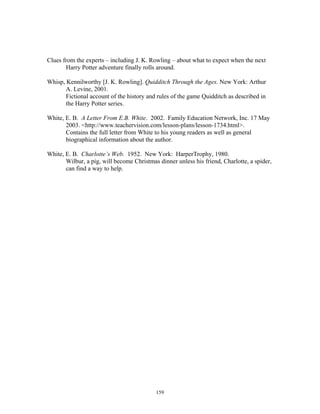 159
Clues from the experts – including J. K. Rowling – about what to expect when the next
Harry Potter adventure finally rolls around.
Whisp, Kennilworthy [J. K. Rowling]. Quidditch Through the Ages. New York: Arthur
A. Levine, 2001.
Fictional account of the history and rules of the game Quidditch as described in
the Harry Potter series.
White, E. B. A Letter From E.B. White. 2002. Family Education Network, Inc. 17 May
2003. <http://www.teachervision.com/lesson-plans/lesson-1734.html>.
Contains the full letter from White to his young readers as well as general
biographical information about the author.
White, E. B. Charlotte’s Web. 1952. New York: HarperTrophy, 1980.
Wilbur, a pig, will become Christmas dinner unless his friend, Charlotte, a spider,
can find a way to help.
 