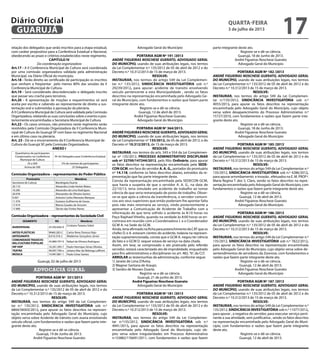 relação dos delegados que serão inscritos para a etapa estadual,
com caráter propositivo para a Conferência Estadual e Nacional,
obedecendo ao prazo e critérios estabelecidos neste regimento.
CAPITULO IV
Da coordenação organizadora
Art.17 - A II Conferencia Municipal de Cultura será coordenada
por uma comissão organizadora validada pela administração
Municipal, via Diário Oficial do município.
Art.18 - Terão direito ao certificado de participação os inscritos
que venham a freqüentar pelo menos 80% das sessões da II
Conferencia Municipal de Cultura.
Art.19 - Será considerado descredenciado o delegado inscrito
que passar seu crachá para terceiros.
Art.20 - A apresentação de moções e requerimentos só será
aceita por escrito e cabendo ao representante de direito a sus-
tentação oral e submetidas à aprovação da plenária.
A II Conferencia Municipal de Cultura será validada pela Comissão
Organizadora, relatando as suas conclusões sobre o evento e pos-
teriormente encaminhadas a Secretaria Municipal de Cultura.
Art.22 - Os casos omissos, não previstos neste regimento serão
resolvidos pela Comissão Organizadora da II Conferencia Muni-
cipal de Cultura do Guarujá SP com base no regimento Nacional
e em último caso na plenária.
Art. 23 - Dá-se o encerramento da II Conferencia Municipal de
Cultura do Guarujá SP, pela Comissão Organizadora.
Anexo I
Quantitativo de participantes
Comprovados na Conferência
Municipal de Cultura
Nº de Delegados para Conferência Estadual
25 a 500 5% do número de participantes
Acima de 500 25 Delegados
Comissão Organizadora – representantes do Poder Público
Prontuário Membros
Secretaria de Cultura Mariângela Duarte
20.110 Alexandra Linda Herbst Matos
19.285 Alexandra de Lima Rodrigues
20.078 Alexsandro de Oliveira Santos
9.567 Antonio Carlos Menezes Marques
11.376 Gustavo Guilherme de Souza
17.419 Márcia Guedes de Amorim
17.480 Tárcito das Fontes Neves
Comissão Organizadora – representantes da Sociedade Civil
SEGMENTO RG Membros
AUDIOVISUAL 25.502.826-X
Cristiano Teixeira Sidoti
ARTES PLÁSTICAS W460.283-C Carlos Rene Donoso Rojo
ARTESANATO 8.010.318-2 Waldemar Gonçalves Júnior
COMUNIDADE TRADICIO-
NAL/CULTURA POPULAR
43.889.797-X Rafael de Oliveira Rodrigues
HIP HOP 16.261.395-7 Paulo Henrique Simas Oliveira
TEATRO 49.097.790-x Juliana Vilar da Nóbrega Laffront
MÚSICA 14.947.881-1 Paulo César Santos
Guarujá, 02 de julho de 2013
advocacia geral
PORTARIA AGM Nº 351/2013
ANDRÉ FIGUEIRAS NOSCHESE GUERATO, ADVOGADO GERAL
DO MUNICÍPIO, usando de suas atribuições legais, nos termos
da Lei Complementar n.º 135/2012 de 05 de abril de 2012 e do
Decreto n.º 10.312/2013 de 15 de março de 2013.
RESOLVE:
INSTAURAR, nos termos do artigo 549 da Lei Complemen-
tar n.º 135/2012, SINDICÂNCIA INVESTIGATÓRIA sob n.º
6804/58303/2012, para apurar os fatos descritos na represen-
tação encaminhada pelo Advogado Geral do Município, cujo
objeto versa sobre Acidente de trânsito com avaria envolvendo
veículo oficial, com fundamentos e razões que fazem parte inte-
grante deste ato.
Registre-se e dê-se ciência.
Guarujá, 19 de Junho de 2013.
André Figueiras Noschese Guerato
Advogado Geral do Município
PORTARIA AGM Nº 191 /2013
ANDRÉ FIGUEIRAS NOSCHESE GUERATO, ADVOGADO GERAL
DO MUNICÍPIO, usando de suas atribuições legais, nos termos
da Lei Complementar n.º 135/2012 de 05 de abril de 2012 e do
Decreto n.º 10.312/2013 de 15 de março de 2013.
RESOLVE:
INSTAURAR, nos termos do artigo 549 da Lei Complemen-
tar n.º 135/2012, SINDICÂNCIA INVESTIGATÓRIA sob n.º
29239/2012, para apurar: acidente de transito envolvendo
veiculo pertencente a esta Municipalidade , sendo os fatos
descritos na representação encaminhada pelo Advogado Ge-
ral do Município, com fundamentos e razões que fazem parte
integrante deste ato.
Registre-se e dê-se ciência.
Guarujá, 12 de abril de 2013.
André Figueiras Noschese Guerato
Advogado Geral do Município
PORTARIA AGM Nº 364/2013.
ANDRÉ FIGUEIRAS NOSCHESE GUERATO, ADVOGADO GERAL
DO MUNICÍPIO, usando de suas atribuições legais, nos termos
da Lei Complementar nº 135/2012, de 05 de abril de 2012, e do
Decreto nº 10.312/2013, de 15 de março de 2013.
RESOLVE:
INSTAURAR, nos termos do arts. 543 e 554 da Lei Complemen-
tar nº 135/2012, PROCESSO ADMINISTRATIVO DISCIPLINAR
sob nº 32700/147244/2012, pelo Rito Ordinário, para apurar
os fatos descritos na representação encaminhada pela SEDE-
CON GCM, em face do servidor A. A. G., portador do prontuário
nº 14.118, conforme os fatos descritos abaixo, extraídos da re-
presentação que faz parte integrante deste.
Consta da representação encaminhada pela SEDECON GCM,
que havia a suspeita de que o servidor A. A. G., na data de
22/10/13, teria simulado um acidente de trabalho ao tomar
ciência de que seria remanejado de posto de trabalho. Obser-
va-se que após a ciência da transferência, o servidor comuni-
cou aos seus superiores que então poderiam lhe apontar falta
pois não mais retornaria ao serviço, vindo posteriormente a
apresentar a Comunicação de Acidente de Trabalho com a
informação de que teria sofrido o acidente às 8:10 horas no
Paço Raphael Vitiello, quando na verdade às 8:00 horas se en-
contrava em reunião com a Coordenadora J. e o Coordenador
GCM A. na Sede da GCM.
Ainda,teriaafirmadonafichaparapreenchimentodaCATqueos
chefes D. e A. estavam cientes do acidente, todavia na represen-
tação supramencionada, consta que o GCM A. negou ter ciência
do fato e o GCM D. sequer estava de serviço na data citada.
Assim, em tese, se comprovado o ato praticado pelo referido
servidor, restará caracterizado ato de improbidade, enquadrado
para fins administrativos e disciplinares no art. 482,“b”, da CLT.
ARROLAR as testemunhas da administração, conforme segue:
1) Janete de Lima D’Avita;
2) Wagner Santana de Araujo;
3) Sandro de Moraes Duarte.
Registre-se e dê-se ciência.
Guarujá, 21 de junho de 2013.
André Figueiras Noschese Guerato
Advogado Geral do Município
PORTARIA AGM Nº 181 /2013
ANDRÉ FIGUEIRAS NOSCHESE GUERATO, ADVOGADO GERAL
DO MUNICÍPIO, usando de suas atribuições legais, nos termos
da Lei Complementar n.º 135/2012 de 05 de abril de 2012 e do
Decreto n.º 10.312/2013 de 15 de março de 2013.
RESOLVE:
INSTAURAR, nos termos do artigo 549 da Lei Complemen-
tar n.º135/2012, SINDICÂNCIA INVESTIGATÓRIA sob n.º
4941/2013, para apurar os fatos descritos na representação
encaminhada pelo Advogado Geral do Município, cujo ob-
jeto versa sobre irregularidades em Processo Administrativo
n.º23882/176691/2011, com fundamentos e razões que fazem
parte integrante deste ato.
Registre-se e dê-se ciência.
Guarujá, 18 de Junho de 2013.
André Figueiras Noschese Guerato
Advogado Geral do Município
PORTARIA AGM Nº 182 /2013
ANDRÉ FIGUEIRAS NOSCHESE GUERATO, ADVOGADO GERAL
DO MUNICÍPIO, usando de suas atribuições legais, nos termos
da Lei Complementar n.º 135/2012 de 05 de abril de 2012 e do
Decreto n.º 10.312/2013 de 15 de março de 2013.
RESOLVE:
INSTAURAR, nos termos do artigo 549 da Lei Complemen-
tar n.º135/2012, SINDICÂNCIA INVESTIGATÓRIA sob n.º
4055/2013, para apurar os fatos descritos na representação
encaminhada pelo Advogado Geral do Município, cujo objeto
versa sobre desaparecimento do Processo Administrativo n.º
15727/2010, com fundamentos e razões que fazem parte inte-
grante deste ato.
Registre-se e dê-se ciência.
Guarujá, 18 de Junho de 2013.
André Figueiras Noschese Guerato
Advogado Geral do Município
PORTARIA AGM Nº 185 /2013
ANDRÉ FIGUEIRAS NOSCHESE GUERATO, ADVOGADO GERAL
DO MUNICÍPIO, usando de suas atribuições legais, nos termos
da Lei Complementar n.º 135/2012 de 05 de abril de 2012 e do
Decreto n.º 10.312/2013 de 15 de março de 2013.
RESOLVE:
INSTAURAR, nos termos do artigo 549 da Lei Complementar n.º
135/2012, SINDICÂNCIA INVESTIGATÓRIA sob n.º 4286/2012,
para apurar arrombamento e invasão , efetuados na E. M. PROFª.
Maria Regina T. dos S. Claro, sendo os fatos descritos na repre-
sentação encaminhada pelo Advogado Geral do Município, com
fundamentos e razões que fazem parte integrante deste ato.
Registre-se e dê-se ciência.
Guarujá, 12 de abril de 2013.
André Figueiras Noschese Guerato
Advogado Geral do Município
PORTARIA AGM Nº 186 /2013
ANDRÉ FIGUEIRAS NOSCHESE GUERATO, ADVOGADO GERAL
DO MUNICÍPIO, usando de suas atribuições legais, nos termos
da Lei Complementar n.º 135/2012 de 05 de abril de 2012 e do
Decreto n.º 10.312/2013 de 15 de março de 2013.
RESOLVE:
INSTAURAR, nos termos do artigo 549 da Lei Complementar n.º
135/2012, SINDICÂNCIA INVESTIGATÓRIA sob n.º 7822/2012,
para apurar os fatos descritos na representação encaminhada
pelo Advogado Geral do Município, cujo objeto versa sobre de-
sentendimentos de servidores da Zoonose, com fundamentos e
razões que fazem parte integrante deste ato.
Registre-se e dê-se ciência.
Guarujá, 12 de abril de 2013.
André Figueiras Noschese Guerato
Advogado Geral do Município
PORTARIA AGM Nº 187 /2013
ANDRÉ FIGUEIRAS NOSCHESE GUERATO, ADVOGADO GERAL
DO MUNICÍPIO, usando de suas atribuições legais, nos termos
da Lei Complementar n.º 135/2012 de 05 de abril de 2012 e do
Decreto n.º 10.312/2013 de 15 de março de 2013.
RESOLVE:
INSTAURAR, nos termos do artigo 549 da Lei Complementar n.º
135/2012, SINDICÂNCIA INVESTIGATÓRIA sob n.º 11077/2012,
para apurar , a negativa do servidor, para executar serviço perti-
nente a sua atividade, sem justificativa , sendo os fatos descritos
na representação encaminhada pelo Advogado Geral do Muni-
cípio, com fundamentos e razões que fazem parte integrante
deste ato.
Registre-se e dê-se ciência.
Guarujá, 12 de abril de 2013.
quarta-feira
3 de julho de 2013
17GUARUJÁ
Diário Oficial
 