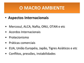 O MACRO AMBIENTE Aspectos Internacionais Mercosul, ALCA, Nafta, ONU, OTAN e etc  Acordos Internacionais Protecionismo Práticas comerciais EUA, União Européia, Japão, Tigres Asiáticos e etc Conflitos, pressões, instabilidades 