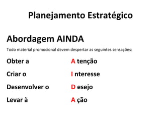 Planejamento Estratégico Abordagem AINDA Todo material promocional devem despertar as seguintes sensações: Obter a A   tenção Criar o I  nteresse Desenvolver o D  esejo Levar à A  ção 