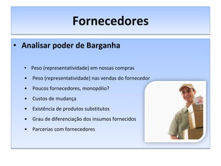 Fornecedores Analisar poder de Barganha Peso (representatividade) em nossas compras Peso (representatividade) nas vendas do fornecedor Poucos fornecedores, monopólio? Custos de mudança Existência de produtos substitutos Grau de diferenciação dos insumos fornecidos Parcerias com fornecedores 