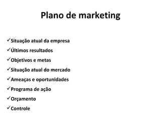 Plano de marketing Situação atual da empresa Últimos resultados Objetivos e metas Situação atual do mercado Ameaças e oportunidades Programa de ação Orçamento Controle 