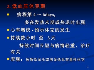 2. 低血压休克期 病程第 4 ～ 6days, 多在发热末期或热退时出现 心率增快 - 预示休克的发生 持续数小时 至  3 天 持续时间长短与病情轻重、治疗有关 表现： 短暂低血压或明显低血容量性休克 
