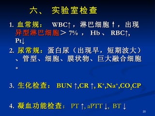 六、 实验室检查 1.  血常规：   WBC ↑ ，淋巴细胞↑，出现 异型淋巴细胞 ＞ 7%  ， Hb 、 RBC ↑, 　 Pt↓ 2.  尿常规： 蛋白尿（出现早，短期波大）、管型、细胞、膜状物、巨大融合细胞。 3.  生化检查： BUN  ↑ ,CR  ↑ , K + ,Na + ,CO 2 CP 4.  凝血功能检查 ： PT  ↑ , aPTT  ↓ ,  BT  ↓ 