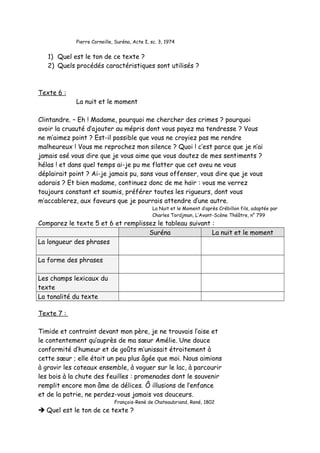 Pierre Corneille, Suréna, Acte I, sc. 3, 1974
1) Quel est le ton de ce texte ?
2) Quels procédés caractéristiques sont utilisés ?
Texte 6 :
La nuit et le moment
Clintandre. – Eh ! Madame, pourquoi me chercher des crimes ? pourquoi
avoir la cruauté d’ajouter au mépris dont vous payez ma tendresse ? Vous
ne m’aimez point ? Est-il possible que vous ne croyiez pas me rendre
malheureux ! Vous me reprochez mon silence ? Quoi ! c’est parce que je n’ai
jamais osé vous dire que je vous aime que vous doutez de mes sentiments ?
hélas ! et dans quel temps ai-je pu me flatter que cet aveu ne vous
déplairait point ? Ai-je jamais pu, sans vous offenser, vous dire que je vous
adorais ? Et bien madame, continuez donc de me haïr : vous me verrez
toujours constant et soumis, préférer toutes les rigueurs, dont vous
m’accablerez, aux faveurs que je pourrais attendre d’une autre.
La Nuit et le Moment d’après Crébillon fils, adaptée par
Charles Tordjman, L’Avant-Scène Théâtre, n° 799
Comparez le texte 5 et 6 et remplissez le tableau suivant :
Suréna La nuit et le moment
La longueur des phrases
La forme des phrases
Les champs lexicaux du
texte
La tonalité du texte
Texte 7 :
Timide et contraint devant mon père, je ne trouvais l’aise et
le contentement qu’auprès de ma sœur Amélie. Une douce
conformité d’humeur et de goûts m’unissait étroitement à
cette sœur ; elle était un peu plus âgée que moi. Nous aimions
à gravir les coteaux ensemble, à voguer sur le lac, à parcourir
les bois à la chute des feuilles : promenades dont le souvenir
remplit encore mon âme de délices. Ô illusions de l’enfance
et de la patrie, ne perdez-vous jamais vos douceurs.
François-René de Chateaubriand, René, 1802
 Quel est le ton de ce texte ?
 