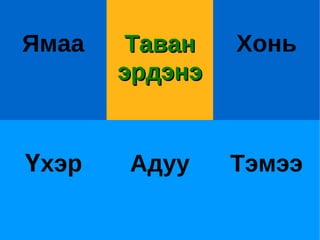 Ямаа    Таван   Хонь
       эрдэнэ


Үхэр   Адуу     Тэмээ
 