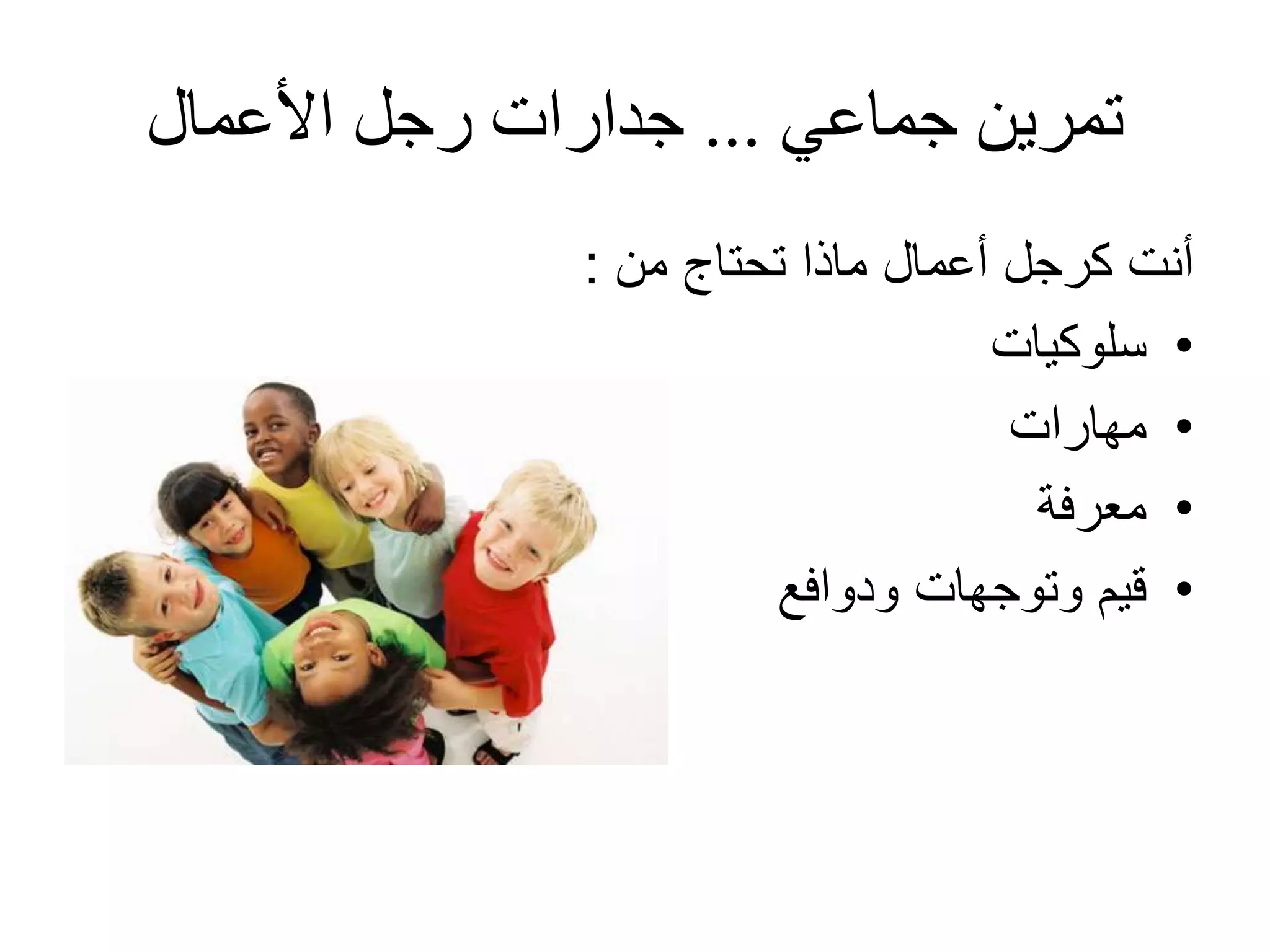 ‫جماعي‬ ‫تمرين‬...‫جدارات‬‫األعمال‬ ‫رجل‬
‫من‬ ‫تحتاج‬ ‫ماذا‬ ‫أعمال‬ ‫كرجل‬ ‫أنت‬:
•‫سلوكيات‬
•‫مهارات‬
•‫معرفة‬
•‫ودوافع‬ ‫وتوجهات‬ ‫قيم‬
 