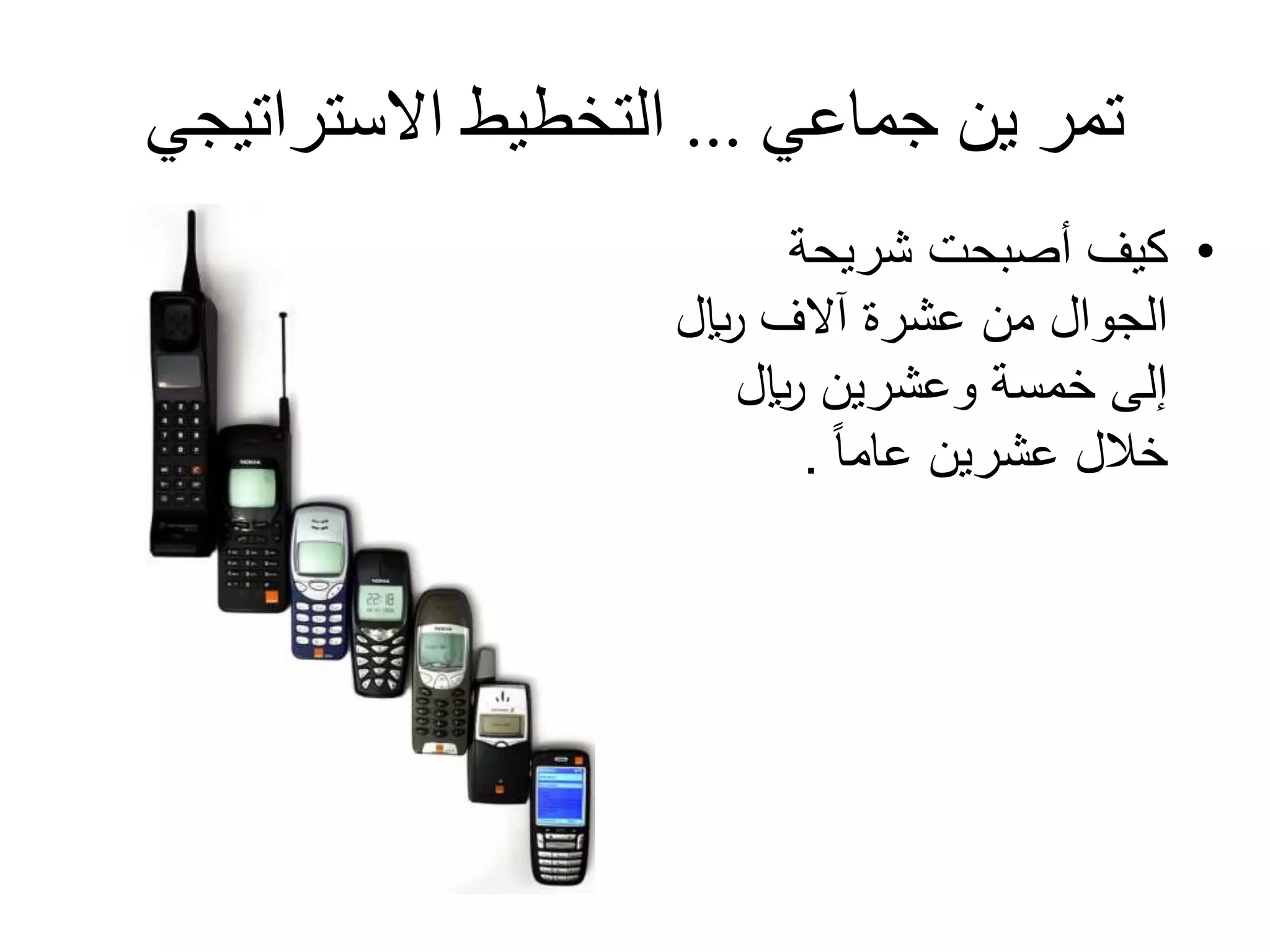 ‫جماعي‬ ‫ين‬ ‫تمر‬...‫االستراتيجي‬ ‫التخطيط‬
•‫شريحة‬ ‫أصبحت‬ ‫كيف‬
‫لاير‬ ‫آالف‬ ‫عشرة‬ ‫من‬ ‫الجوال‬
‫لاير‬ ‫وعشرين‬ ‫خمسة‬ ‫إلى‬
ً‫ا‬‫عام‬ ‫عشرين‬ ‫خالل‬.
 