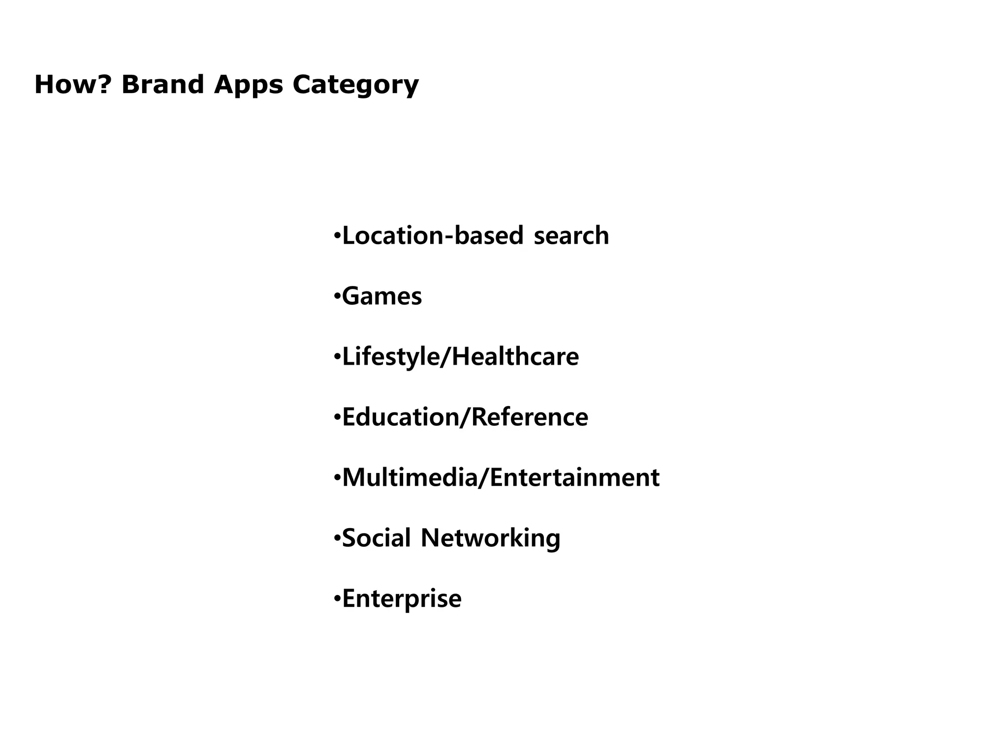 How? Brand Apps Category




                  •Location-based search

                  •Games

                  •Lifestyle/Healthcare

                  •Education/Reference

                  •Multimedia/Entertainment

                  •Social Networking

                  •Enterprise
 