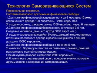 Технология Саморазвивающихся Систем Персональная стратегия. Система поэтапного достижения финансовой свободы: 1.Достижение финансовой защищенности за 6 месяцев: (Сумма сохраненного дохода 100 евро/день,  2400 евро/ мес.  Я создаю систему, дающую доход 1350 евро/мес. через 6 месяцев. 2.Достижение финансовой безопасности в течение 3,5 лет.  Создание капитала, дающего доход 5000 евро/ мес.)  Я создаю саморазвивающийся бизнес, дающий множественные источники пассивного дохода с различных рынков с общим доходом 10000 евро/в мес.  3.Достижение финансовой свободы в течение 5 лет.  Я инвестор. Формирую капитал на различных рынках, дающий возможность полной самореализации.  Общая сумма доходов с капитала 2500 евро/в мес.  4.Я занимаюсь реализацией своего предназначения, помогаю другим людям в вопросах их самореализации. 