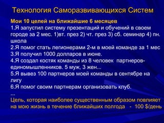 Технология Саморазвивающихся Систем Мои 10 целей на ближайшие 6 месяцев 1.Я запустил систему презентаций и обучений в своем городе за 2 мес. 1)вт. през 2) чт. през 3) сб. семинар 4) пн. школа 2.Я помог стать легионерами 2-м в моей команде за 1 мес  3.Я получил 1000 долларов в июне.  4.Я создал костяк команды из 8 человек  партнеров-единомышленников. 5 муж, 3 жен...  5.Я вывез 100 партнеров моей команды в сентябре на лигу  6.Я помог своим партнерам организовать клуб. ...  Цель, которая наиболее существенным образом повлияет на мою жизнь в течение ближайших полгода  -  100 $/день 