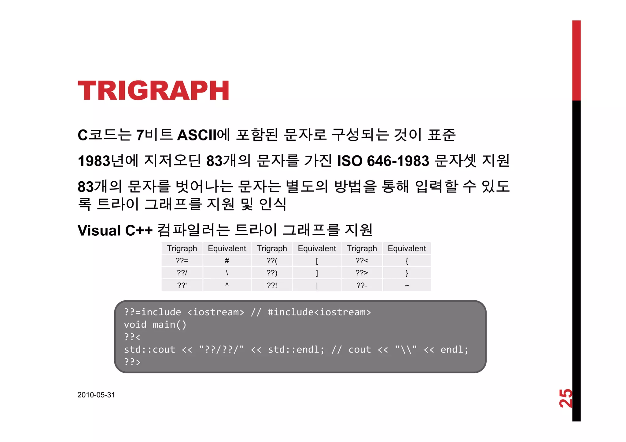 TRIGRAPH
C코드는 7비트 ASCII에 포함된 문자로 구성되는 것이 표준
1983년에 지저오딘 83개의 문자를 가진 ISO 646-1983 문자셋 지원
83개의 문자를 벗어나는 문자는 별도의 방법을 통해 입력할 수 있도
록 트라이 그래프를 지원 및 인식
Visual C++ 컴파일러는 트라이 그래프를 지원
Trigraph Equivalent Trigraph Equivalent Trigraph Equivalent
??= # ??( [ ??< {
??/  ??) ] ??> }??/  ??) ] ??> }
??' ^ ??! | ??- ~
??=include <iostream> // #include<iostream>
id i ()void main()
??<
std::cout << "??/??/" << std::endl; // cout << "" << endl;
??>
2010-05-31
25
 