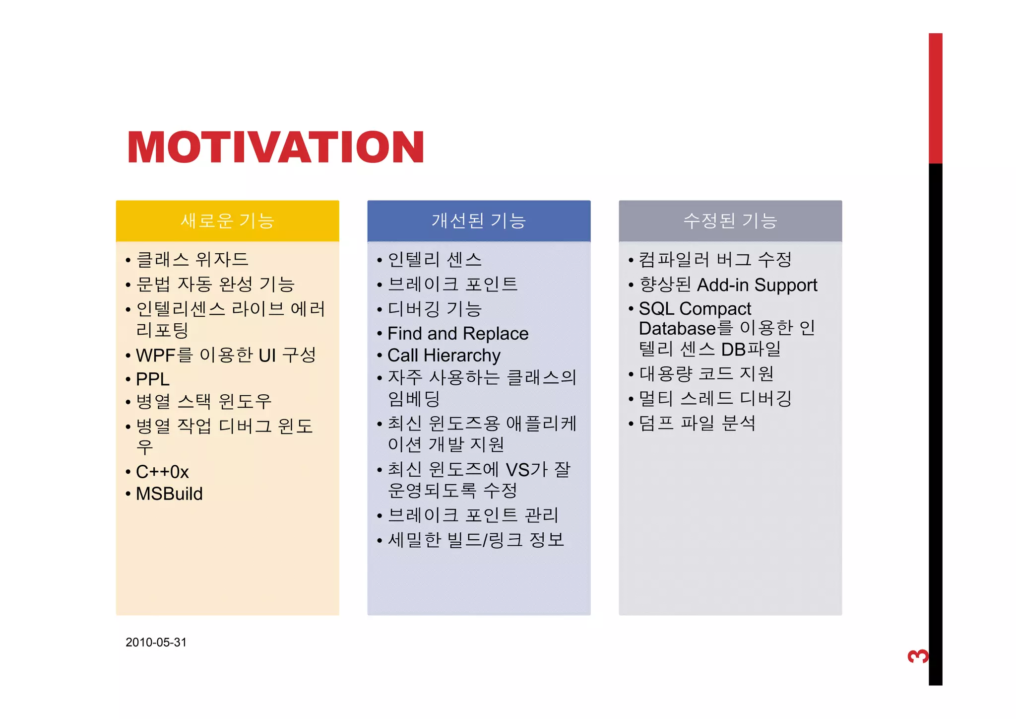 MOTIVATION
새로운 기능
• 클래스 위자드
문법 자동 완성 기능
개선된 기능
• 인텔리 센스
레이 인트
수정된 기능
• 컴파일러 버그 수정
향상된• 문법 자동 완성 기능
• 인텔리센스 라이브 에러
리포팅
• WPF를 이용한 UI 구성
• 브레이크 포인트
• 디버깅 기능
• Find and Replace
• Call Hierarchy
• 향상된 Add-in Support
• SQL Compact
Database를 이용한 인
텔리 센스 DB파일WPF를 이용한 UI 구성
• PPL
• 병열 스택 윈도우
• 병열 작업 디버그 윈도
우
Call Hierarchy
• 자주 사용하는 클래스의
임베딩
• 최신 윈도즈용 애플리케
이션 개발 지원
• 대용량 코드 지원
• 멀티 스레드 디버깅
• 덤프 파일 분석
우
• C++0x
• MSBuild
이션 개발 지원
• 최신 윈도즈에 VS가 잘
운영되도록 수정
• 브레이크 포인트 관리레이 인 관리
• 세밀한 빌드/링크 정보
2010-05-31
3
 
