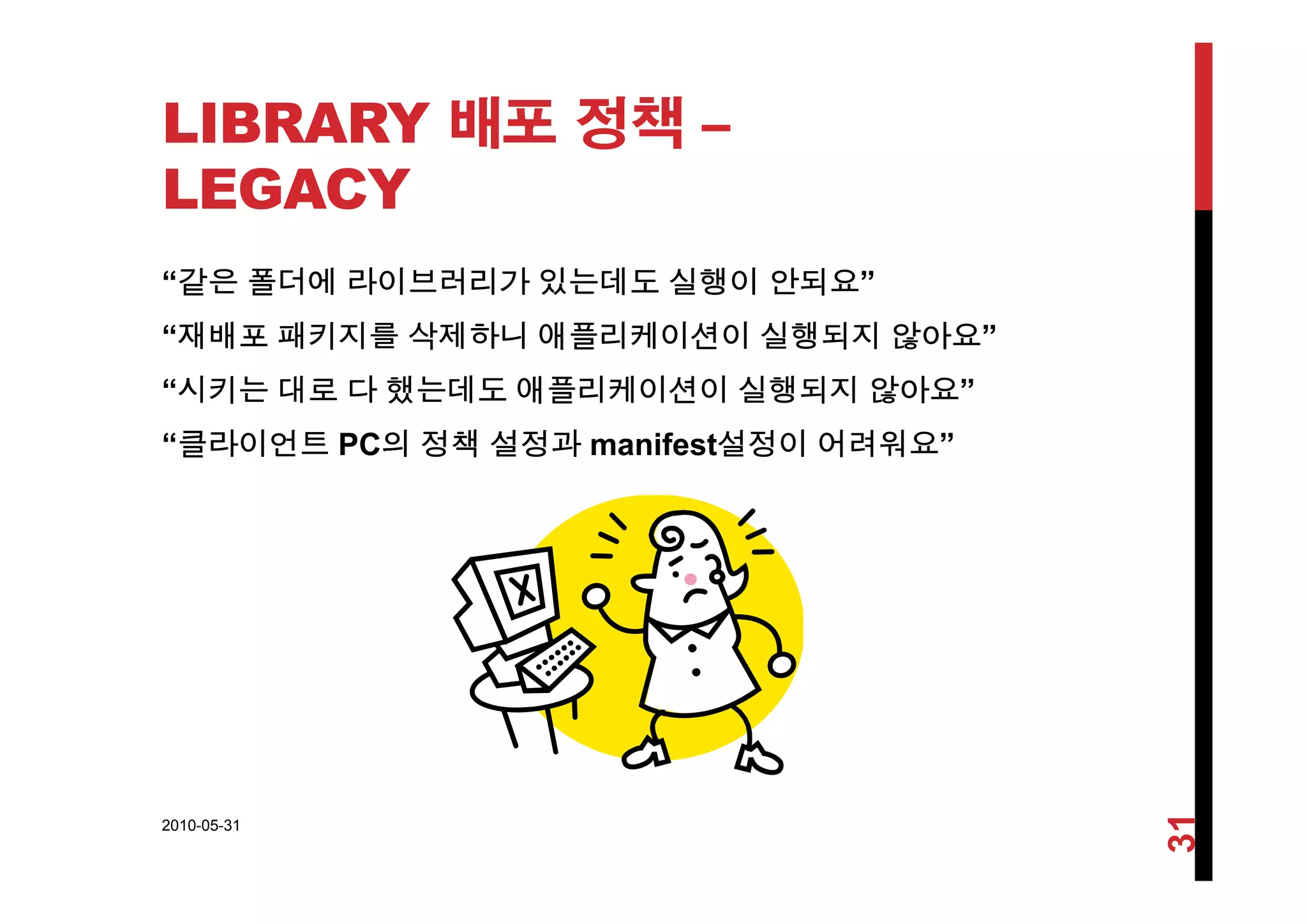 LIBRARY 배포 정책 –배 정책
LEGACY
“같은 폴더에 라이브러리가 있는데도 실행이 안되요”
“재배포 패키지를 삭제하니 애플리케이션이 실행되지 않아요”
“시키는 대로 다 했는데도 애플리케이션이 실행되지 않아요”
“클라이언트 PC의 정책 설정과 manifest설정이 어려워요”
2010-05-31
31
 