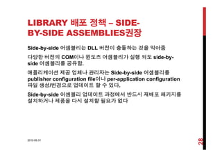 LIBRARY 배포 정책 – SIDE-LIBRARY 배포 정책 SIDE
BY-SIDE ASSEMBLIES권장
Side-by-side 어셈블리는 DLL 버전이 충돌하는 것을 막아줌
다양한 버전의 COM이나 윈도즈 어셈블리가 실행 되도 side-by-
side 어셈블리를 공유함.
애플리케이션 제공 업체나 관리자는 Side-by-side 어셈블리를
publisher configuration file이나 per application configurationpublisher configuration file이나 per-application configuration
파일 생성/변경으로 업데이트 할 수 있다.
Side-by-side 어셈블리 업데이트 과정에서 반드시 재배포 패키지를Side by side 어셈블리 업데이 과정에서 반 시 재배 패키지를
설치하거나 제품을 다시 설치할 필요가 없다
2010-05-31
28
 