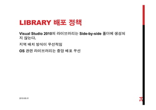 LIBRARY 배포 정책
Visual Studio 2010의 라이브러리는 Side-by-side 폴더에 생성되
지 않는다.
지역 배치 방식이 우선적임
OS 관련 라이브러리는 중앙 배포 우선
2010-05-31
34
 