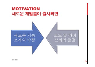 MOTIVATION
새로운 개발툴이 출시되면
새로운 기능
소개와 수정
코드 및 라이
브러리 점검소개와 수정 브러리 점검
2010-05-31
7
 