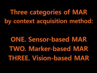 Three categories of MAR
by context acquisition method:


  ONE. Sensor-based MAR
 TWO. Marker-based MAR
 THREE. Vision-based MAR
 