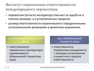 Институт ограничения ответственности
международного перевозчика
 перевозчик (отчасти экспедитор) отвечает за ущерб не в
полном размере, а в установленных пределах
 размер ответственности ограничивается определенными
установленными размерами в денежном выражении.
при объявленной стоимости
груза
• ответственность
перевозчика (экспедитора)
ограничивается
объявленной стоимостью
груза
при необъявленной
стоимости груза
• ответственность
перевозчика определяется
с помощью установления
стоимостного предела
ответственности
13 www.slideshare.net/Danilevich
 