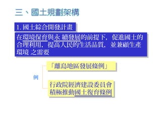 1. 國土綜合開發計畫1. 國土綜合開發計畫
在環境保育與永 續發展的前提下，促進國土的
合理利用，提高人民的生活品質，並兼顧生產
環境 之需要
在環境保育與永 續發展的前提下，促進國土的
合理利用，提高人民的生活品質，並兼顧生產
環境 之需要
「離島地區發展條例」「離島地區發展條例」
行政院經濟建設委員會
積極推動國土復育條例
行政院經濟建設委員會
積極推動國土復育條例
例
 