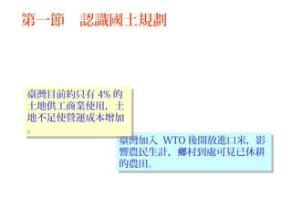 臺灣加入 WTO 後開放進口米，影
響農民生計， 村到處可見已休耕鄉
的農田。
臺灣加入 WTO 後開放進口米，影
響農民生計， 村到處可見已休耕鄉
的農田。
臺灣目前約只有 4% 的
土地供工商業使用，土
地不足使營運成本增加
。
臺灣目前約只有 4% 的
土地供工商業使用，土
地不足使營運成本增加
。
第一節 認識國土規劃
 