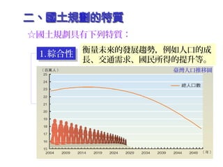 ☆國土規劃具有下列特質：
1.綜合性1.綜合性
2.前瞻性2.前瞻性
3.強調公平正義3.強調公平正義
衡量未來的發展趨勢，例如人口的成
長、交通需求、國民所得的提升等。
臺灣人口推移圖
 