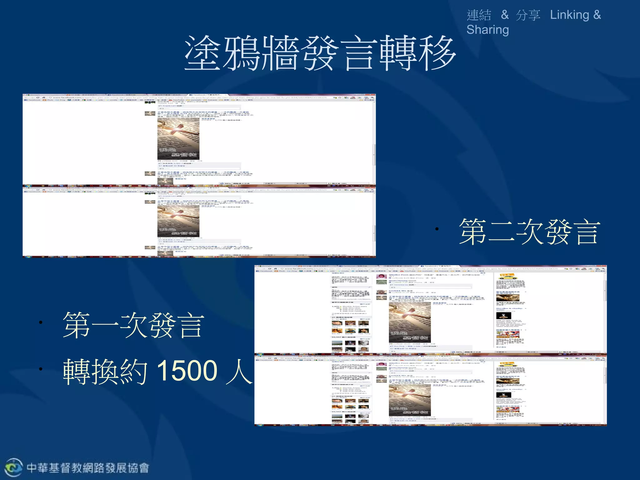 連結 & 分享 Linking &
                         Sharing

          塗鴉牆發言轉移



                     •
                         第二次發言
                 •
                     轉換約 500 人
•
    第一次發言
•
    轉換約 1500 人
 