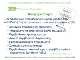 • Λογισμικά πρακτικής και εξάσκησης
• Υπερκείμενα και ηλεκτρονικά βιβλία πολυμέσων
• Περιβάλλοντα προσομοιώσεων
• Ανοικτά ...