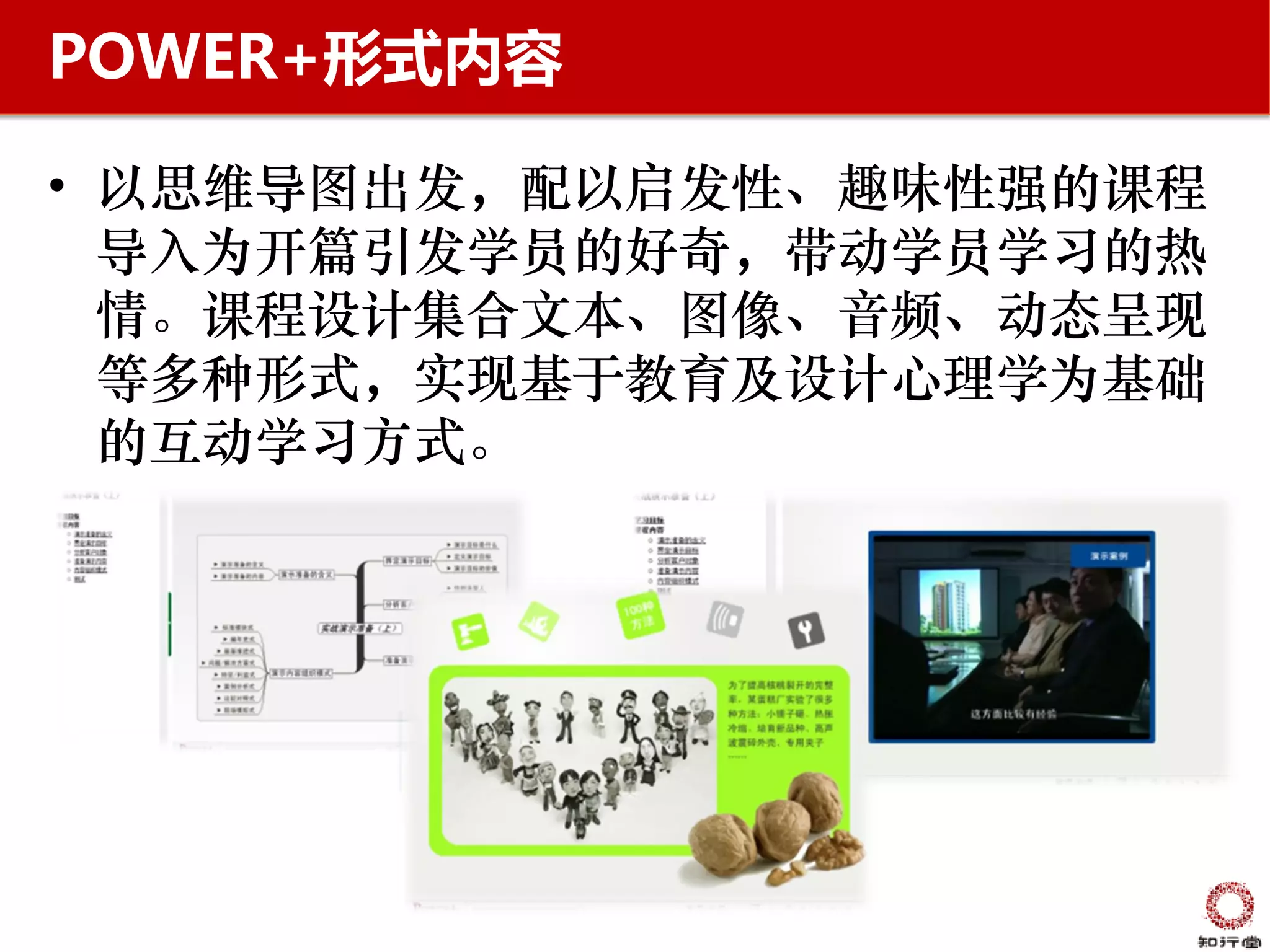 POWER+形式内容

• 以思维导图出发，配以启发性、趣味性强的课程
  导入为开篇引发学员的好奇，带动学员学习的热
  情。课程设计集合文本、图像、音频、动态呈现
  等多种形式，实现基于教育及设计心理学为基础
  的互动学习方式。
 