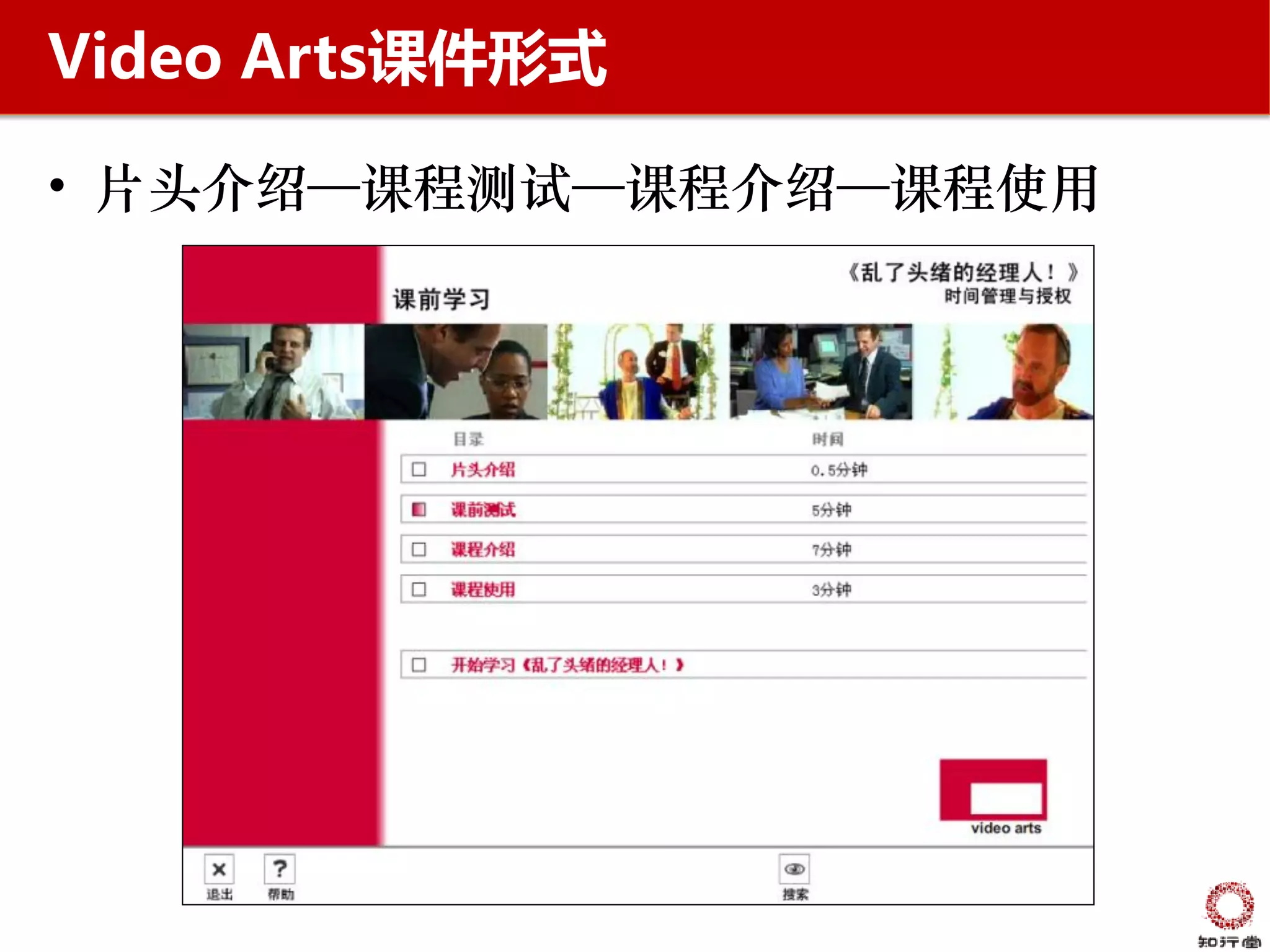 Video Arts课件形式

• 片头介绍—课程测试—课程介绍—课程使用
 